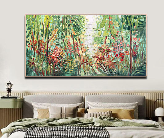 a bedroom with a large painting on the wall above the bed