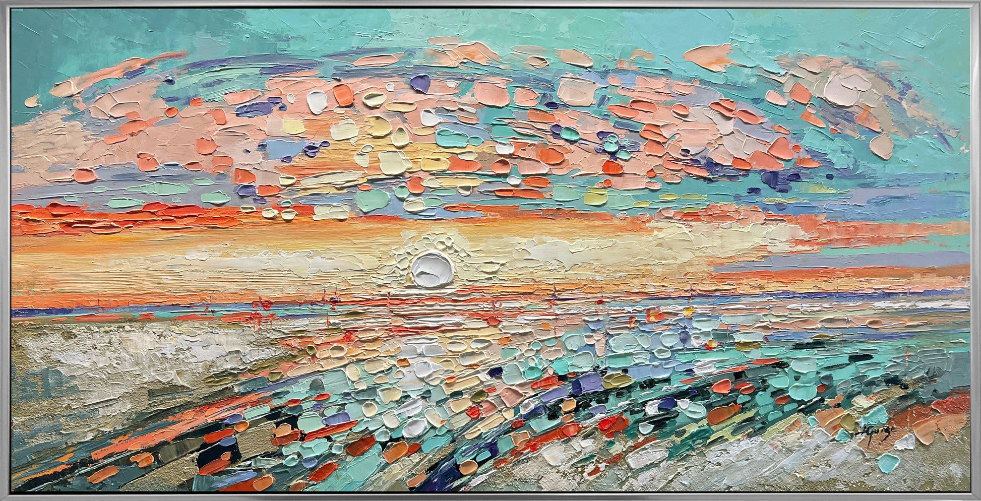 a painting of a sunset over a body of water