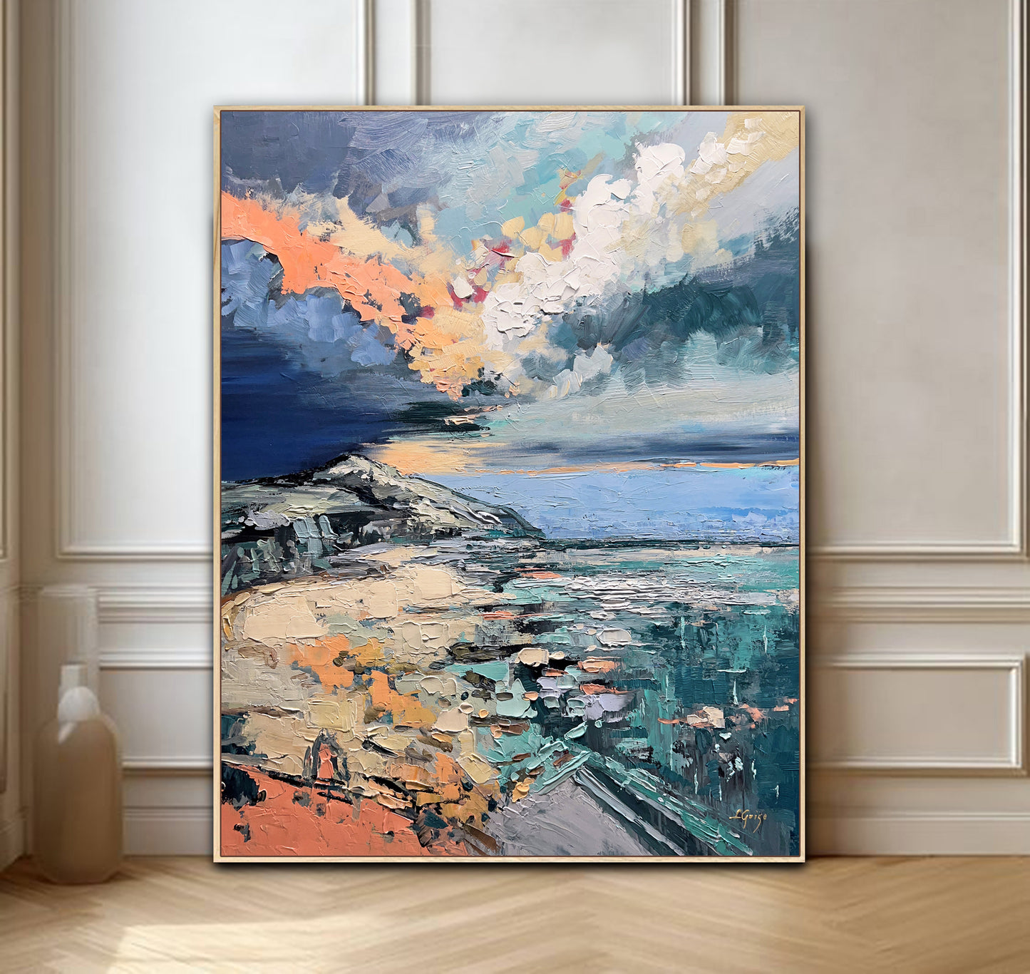 a painting of a colorful sky over a body of water