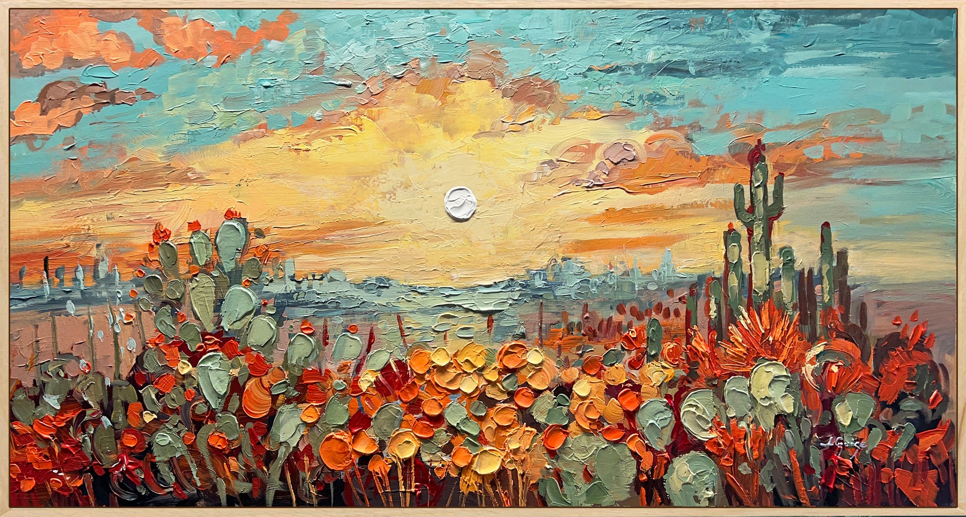 a painting of a desert scene with cactus trees