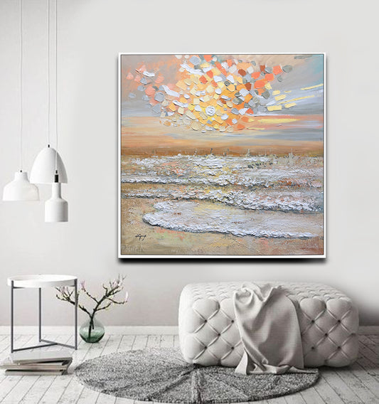 a living room with a couch and a painting on the wall