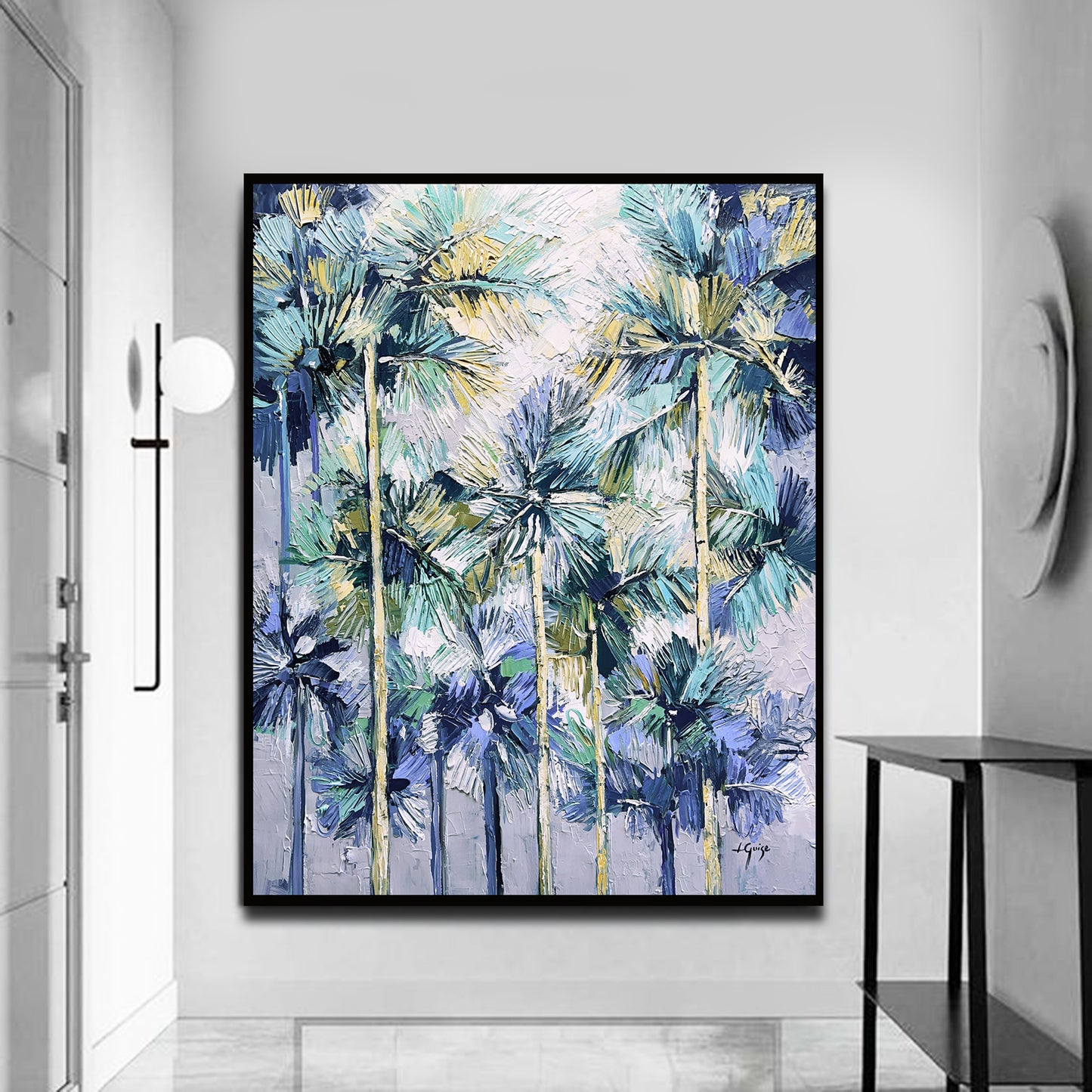 a painting of palm trees in a white room