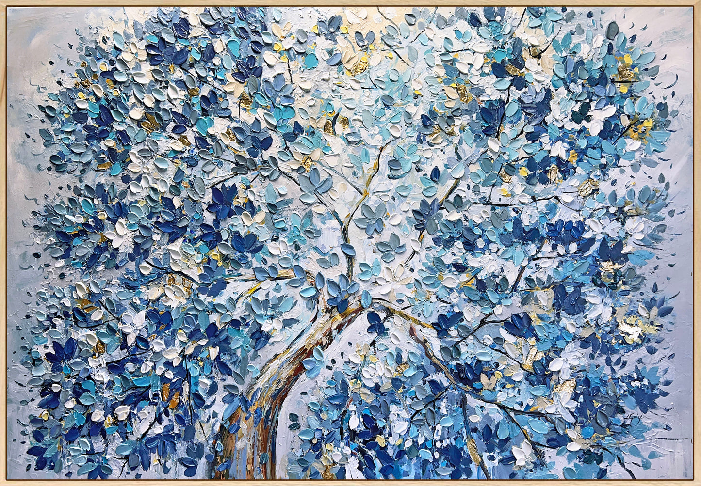 a painting of a tree with blue leaves