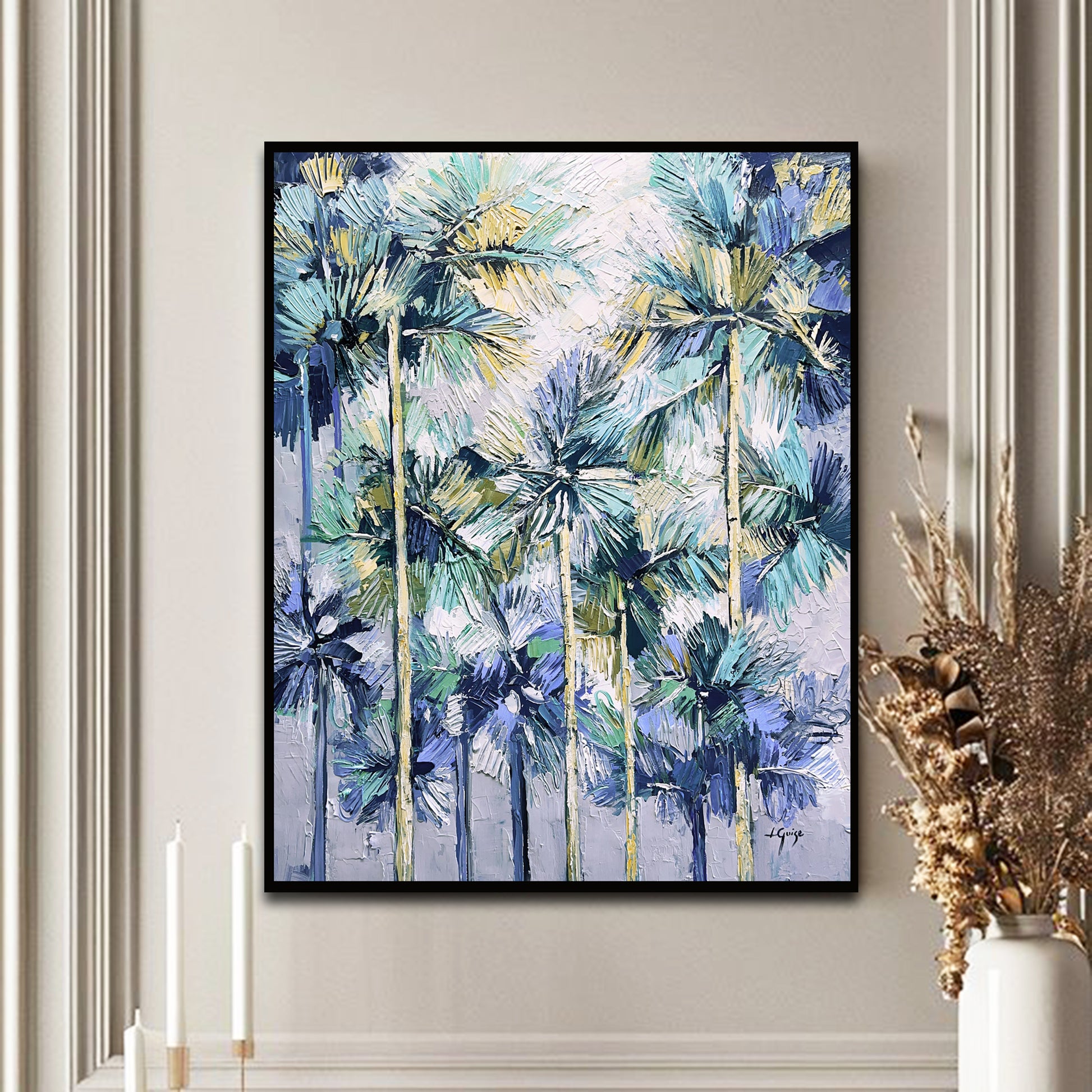 a painting of palm trees on a wall