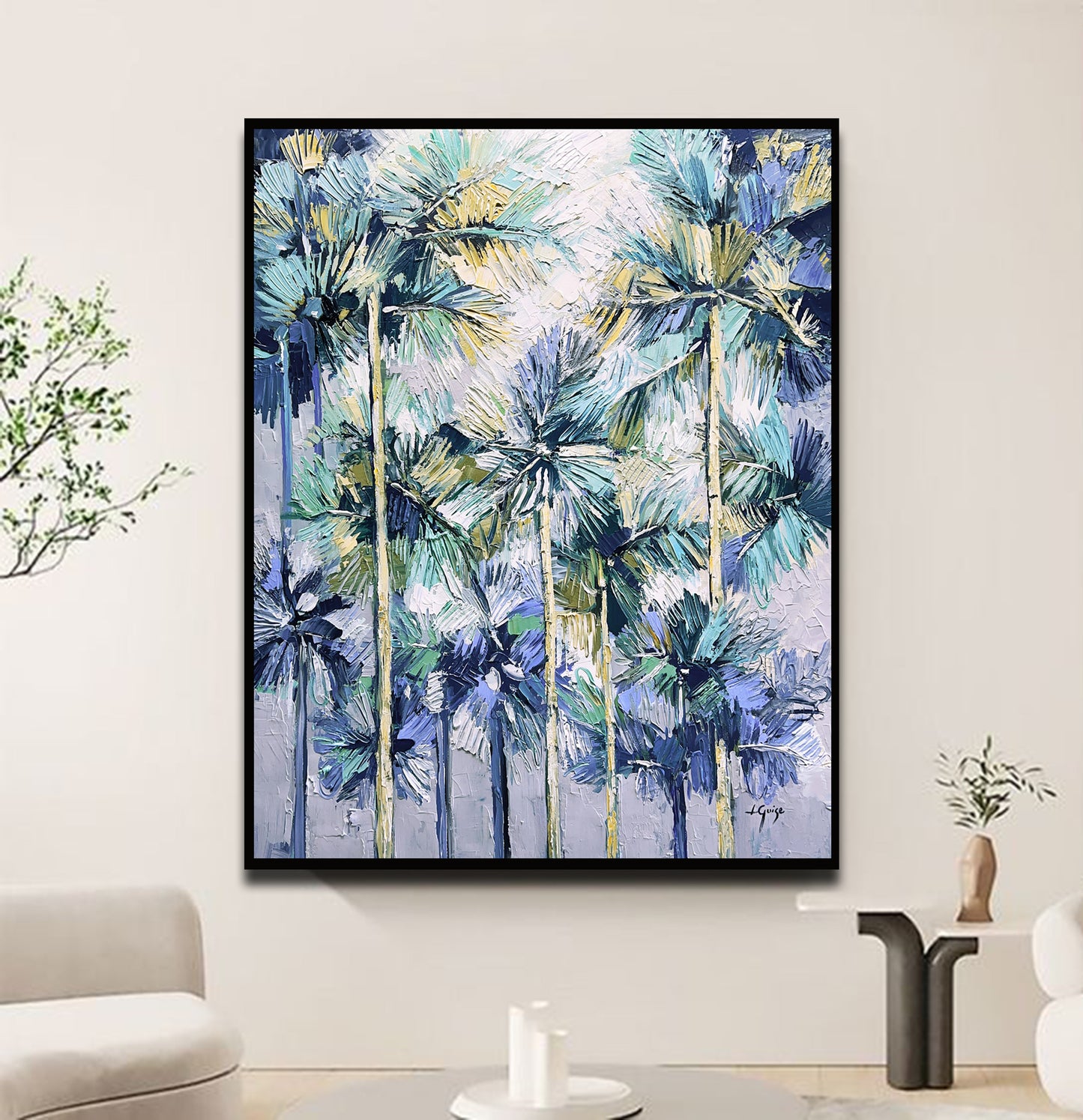 a painting of palm trees in a living room