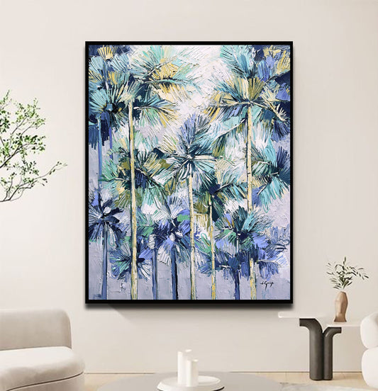 a painting of palm trees in a living room