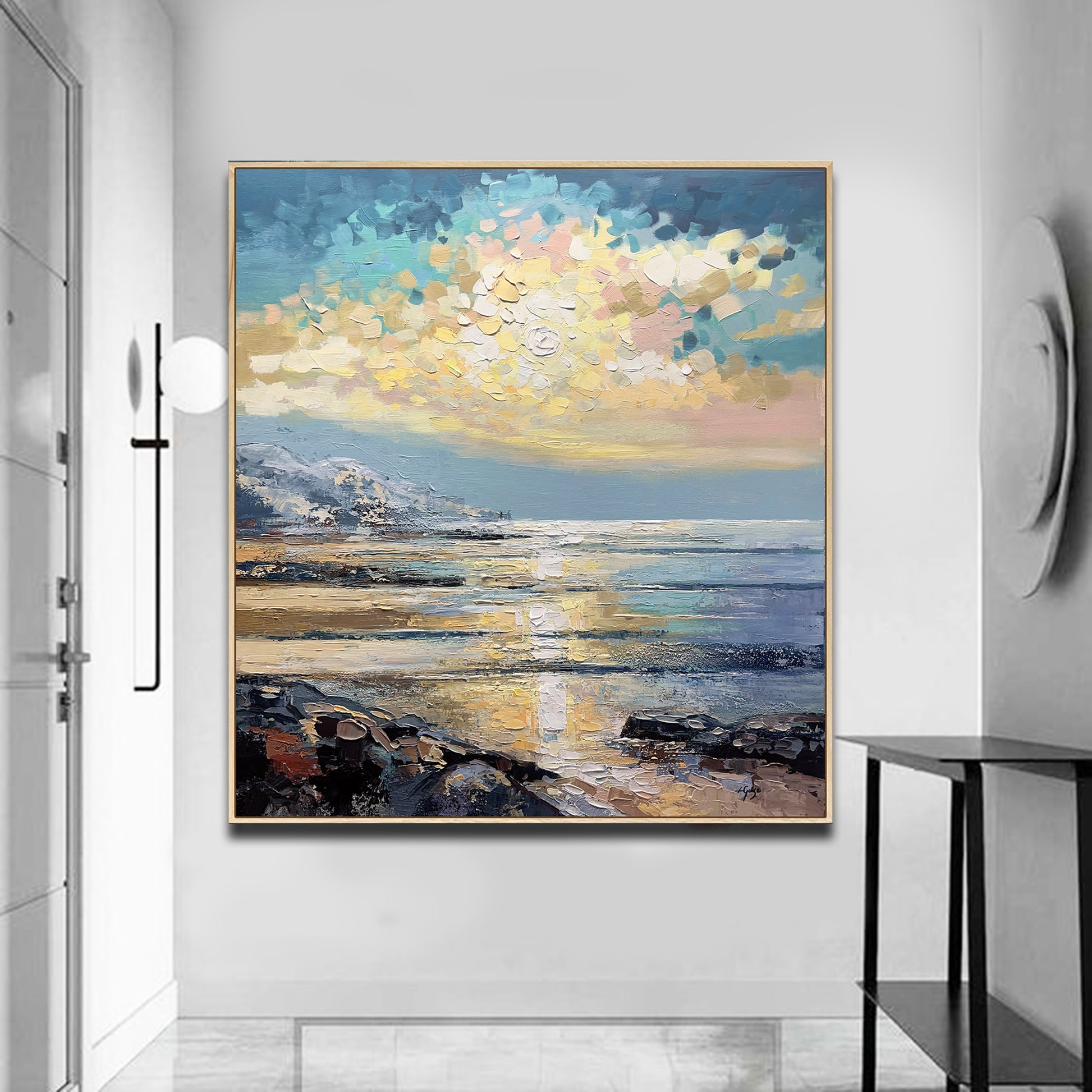 a painting hanging on the wall of a room