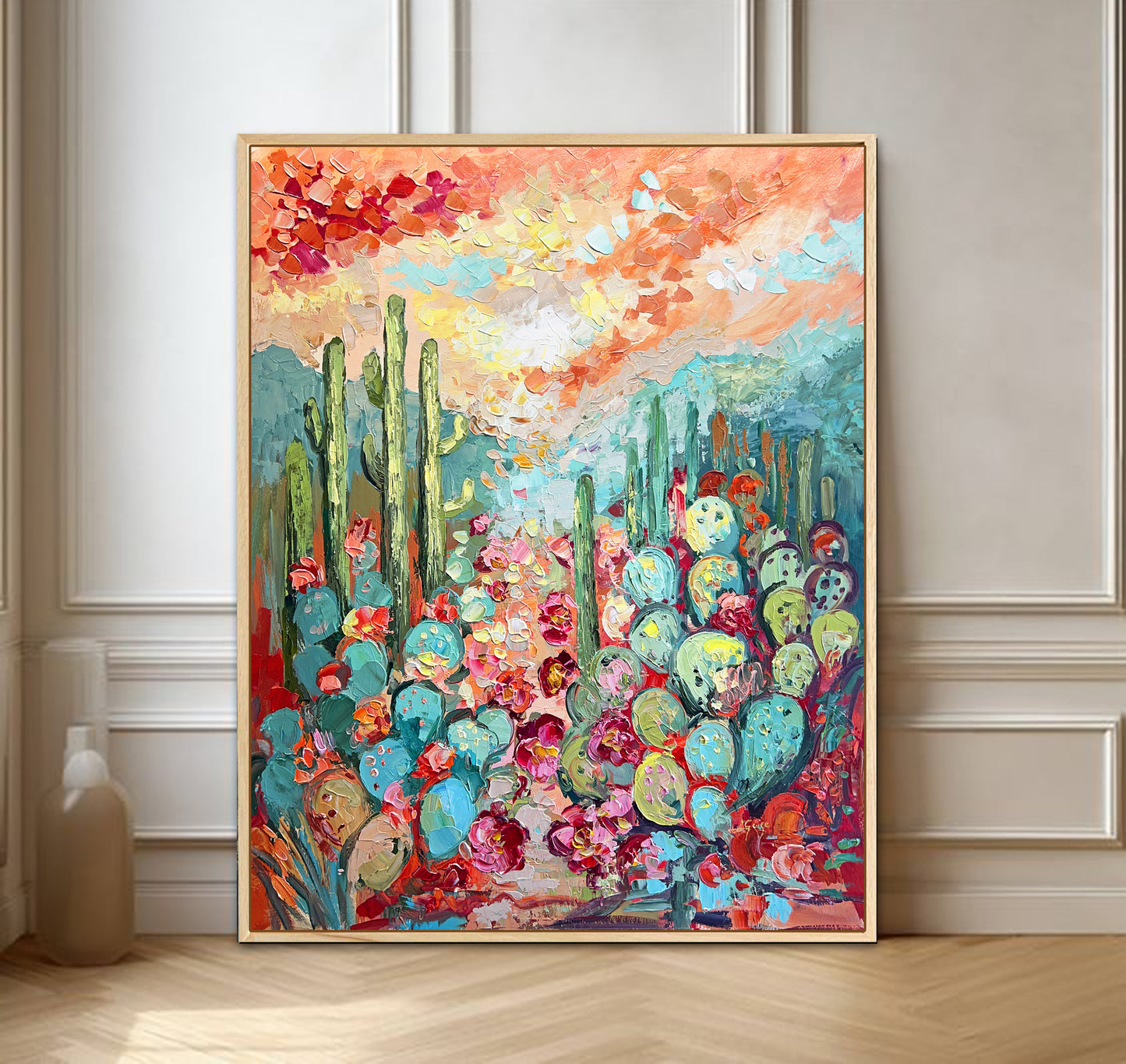 a painting on a wall of a cactus garden