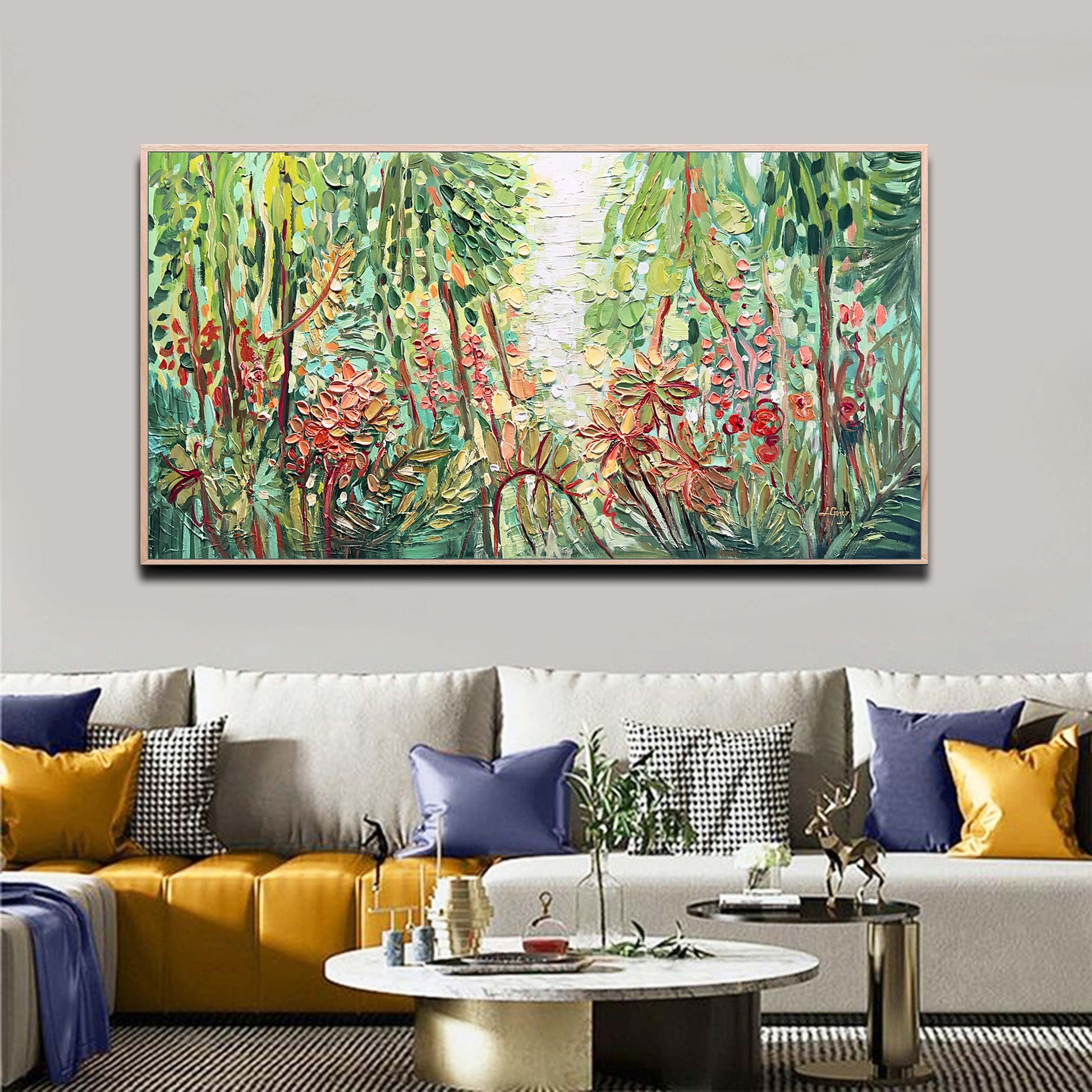 a living room with a large painting on the wall