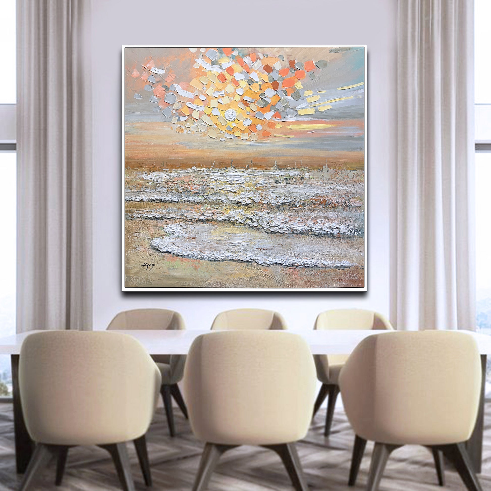 a dining room table with a large painting on the wall