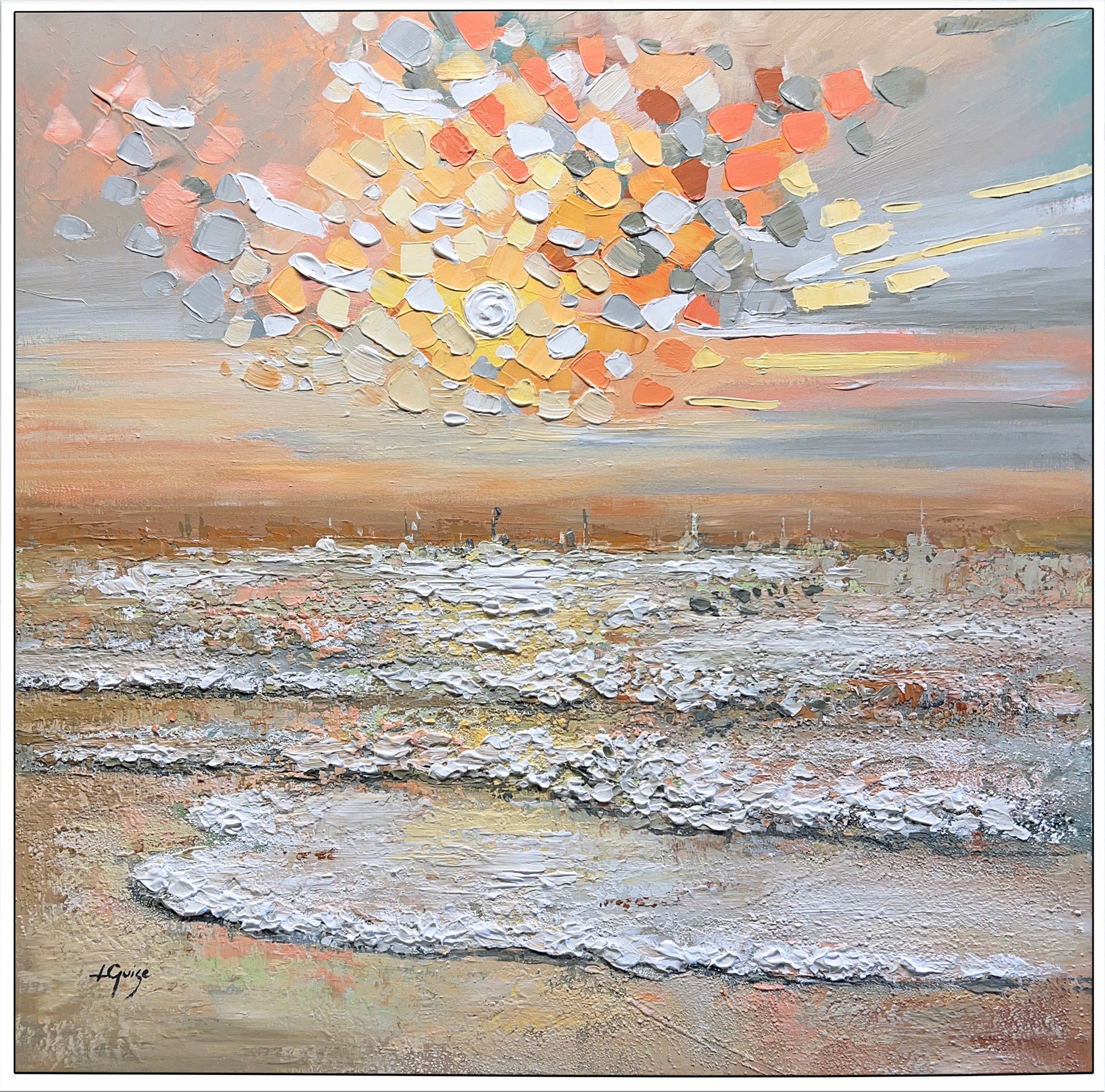 a painting of a beach with waves crashing on it