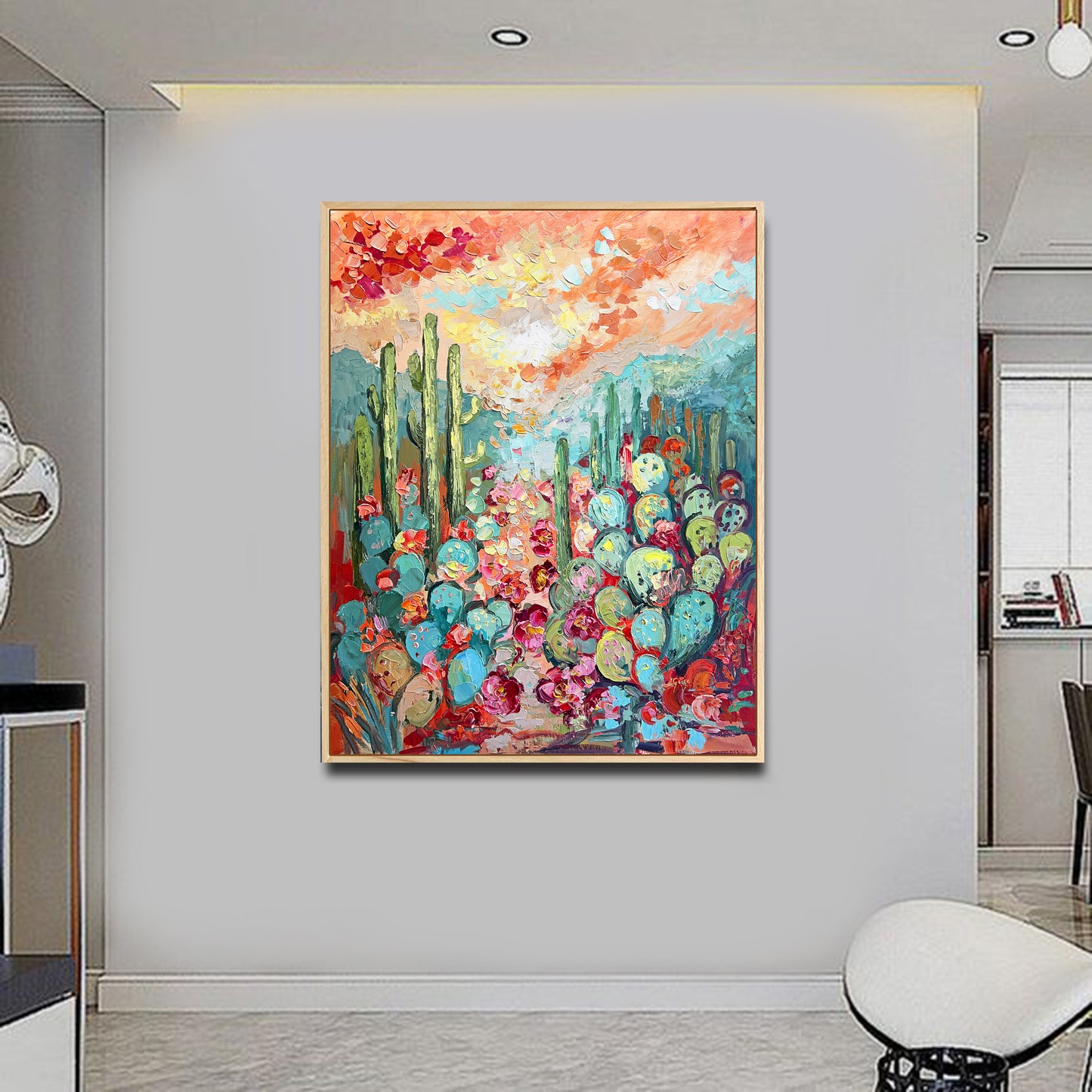 a painting hanging on a wall in a room