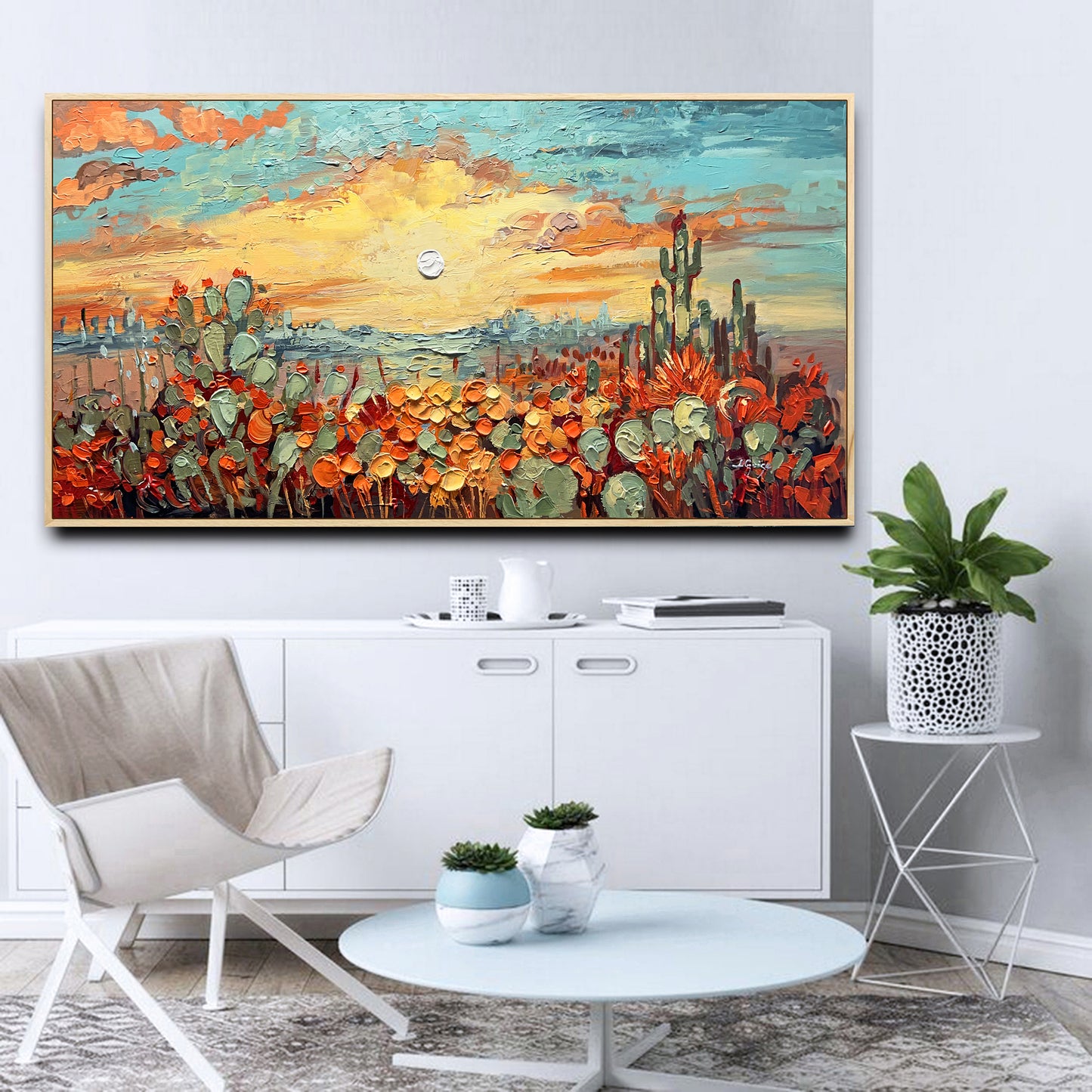 a living room with a painting on the wall