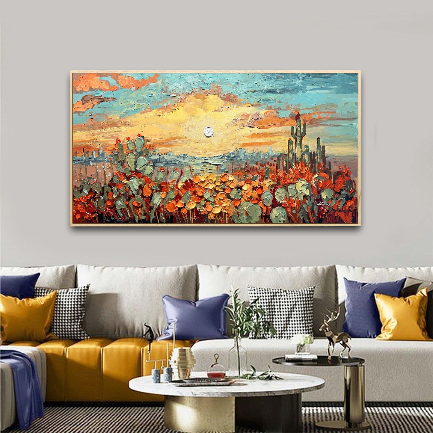 a living room filled with furniture and a painting on the wall