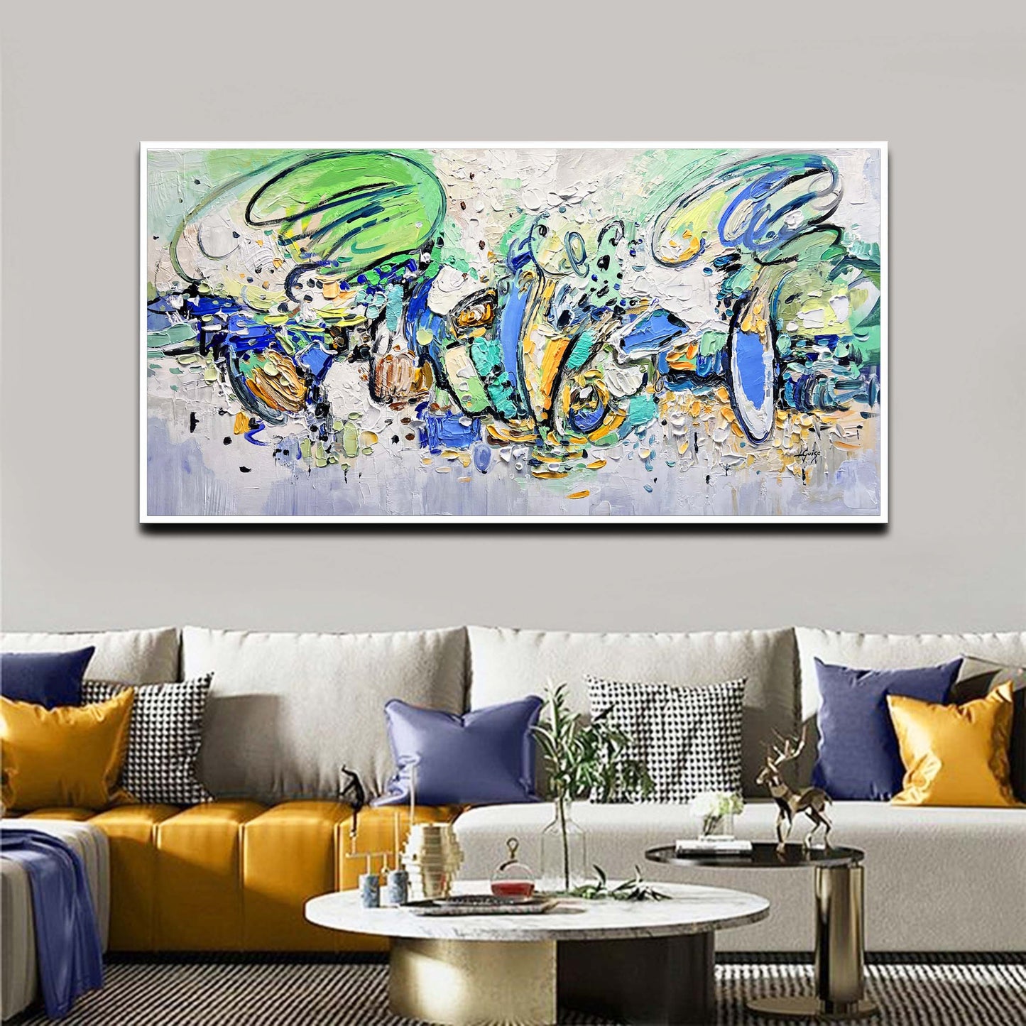 a living room with a large painting on the wall