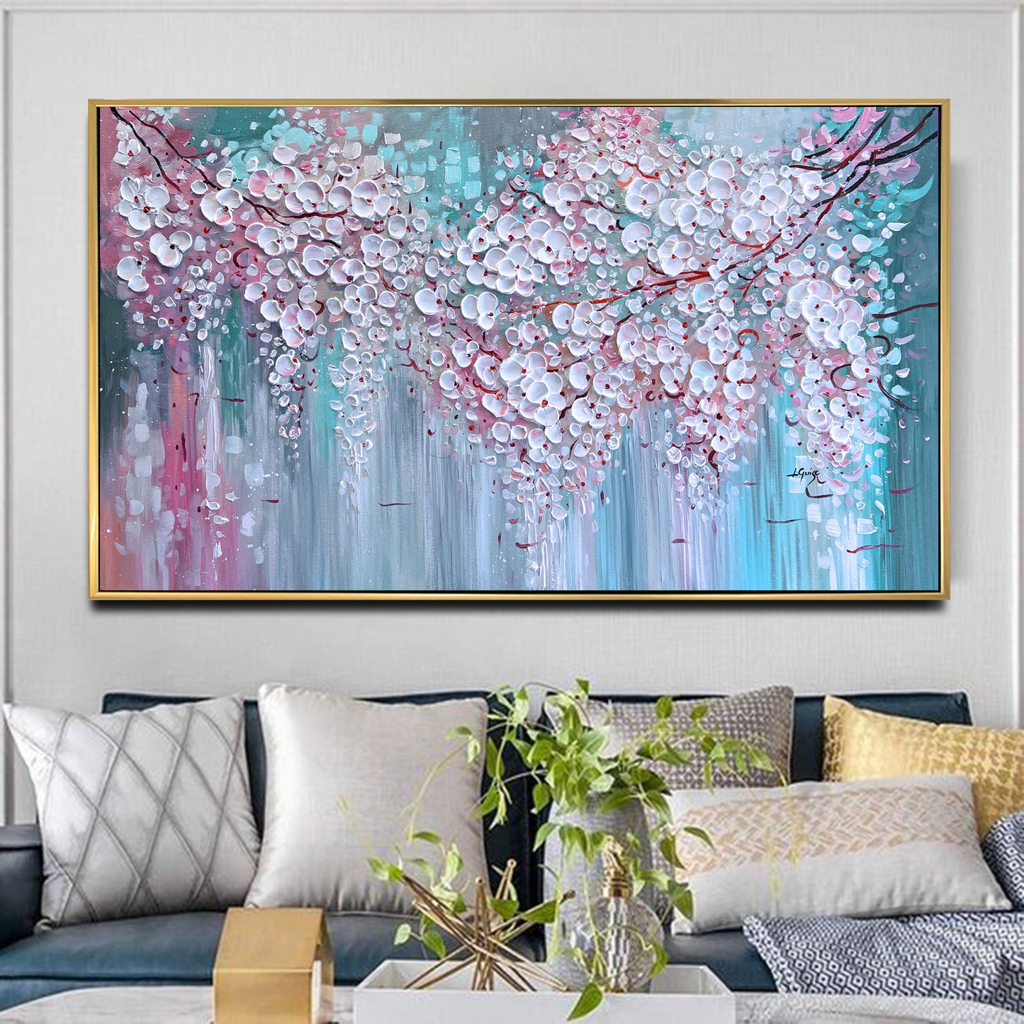 a living room filled with furniture and a painting on the wall