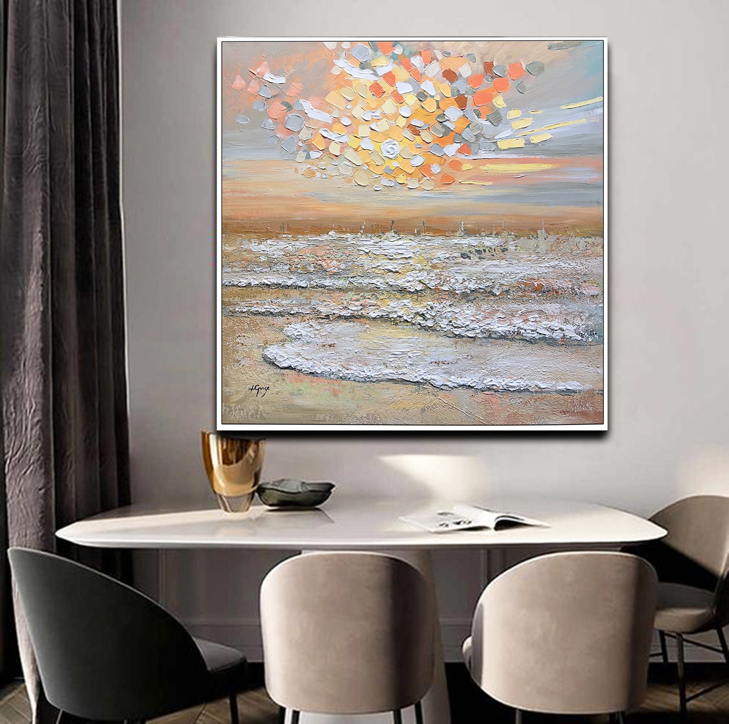 a painting hanging on a wall above a dining room table