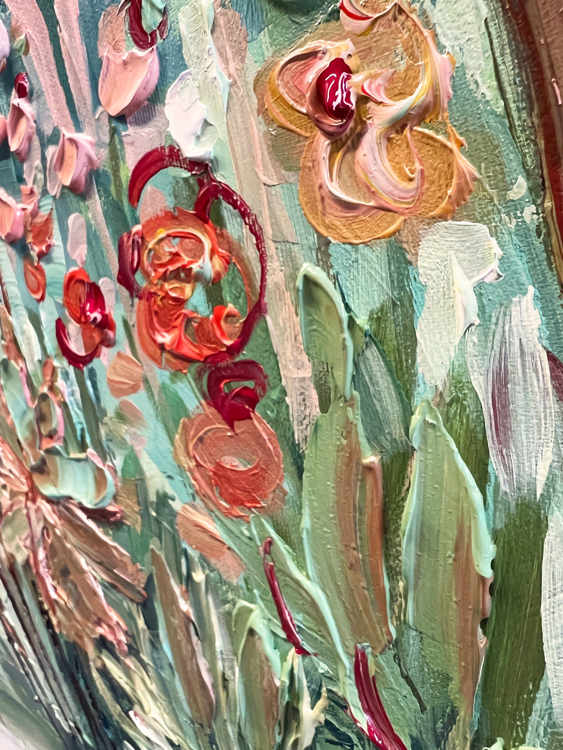 a close up of a painting of flowers