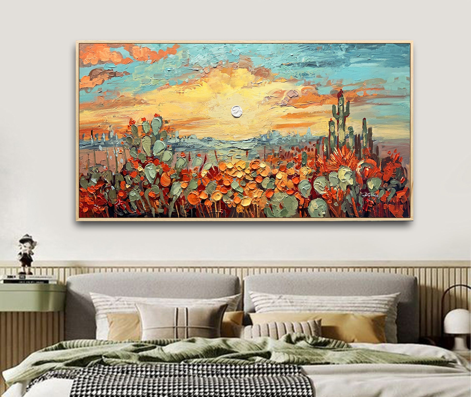 a bedroom with a large painting on the wall