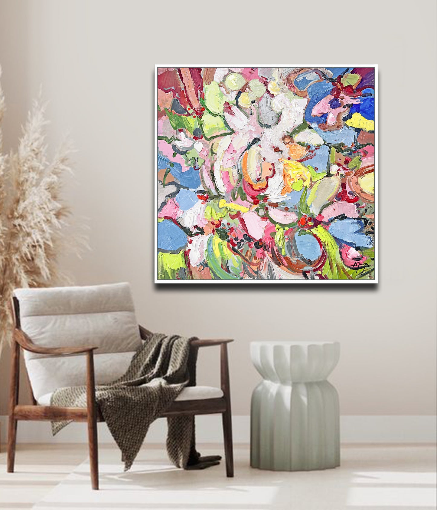 a room with a chair and a painting on the wall