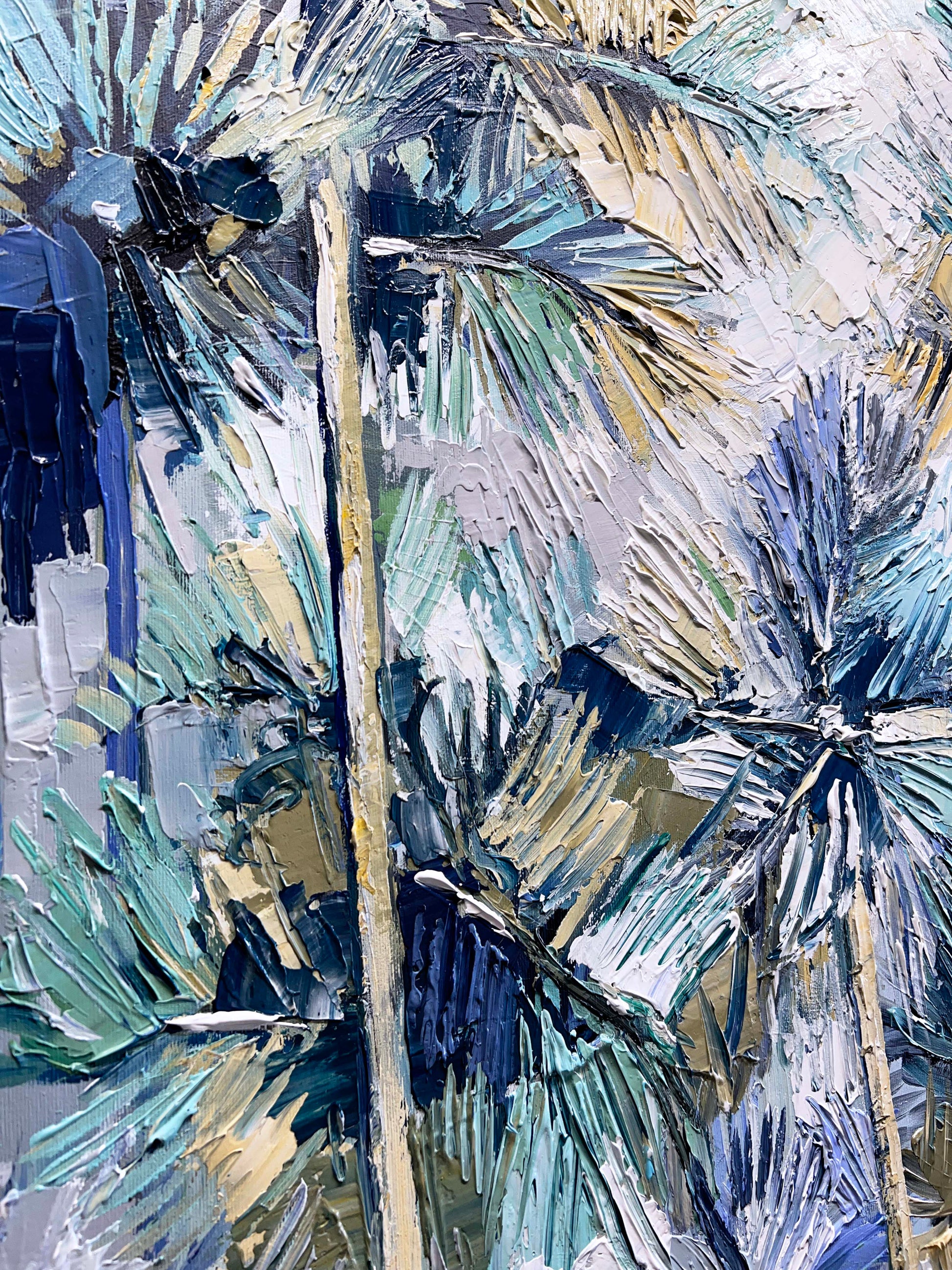 a painting of a palm tree with blue leaves