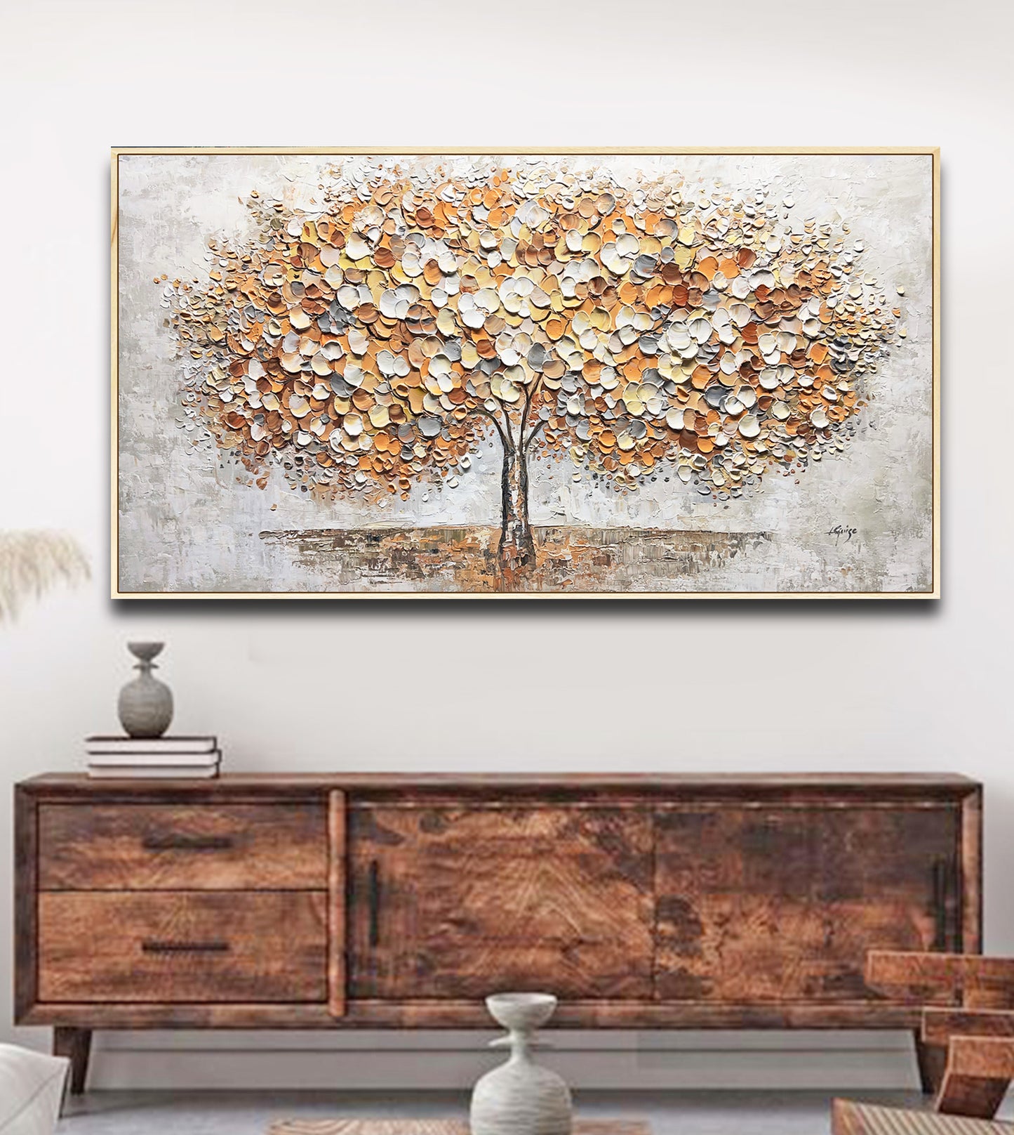 a living room with a large painting on the wall