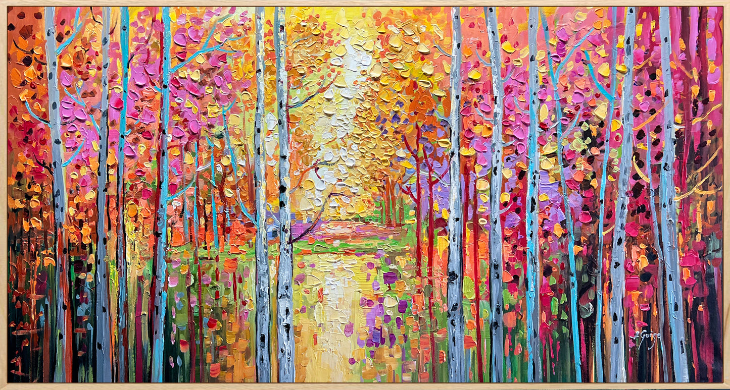 a painting of a colorful forest with lots of trees