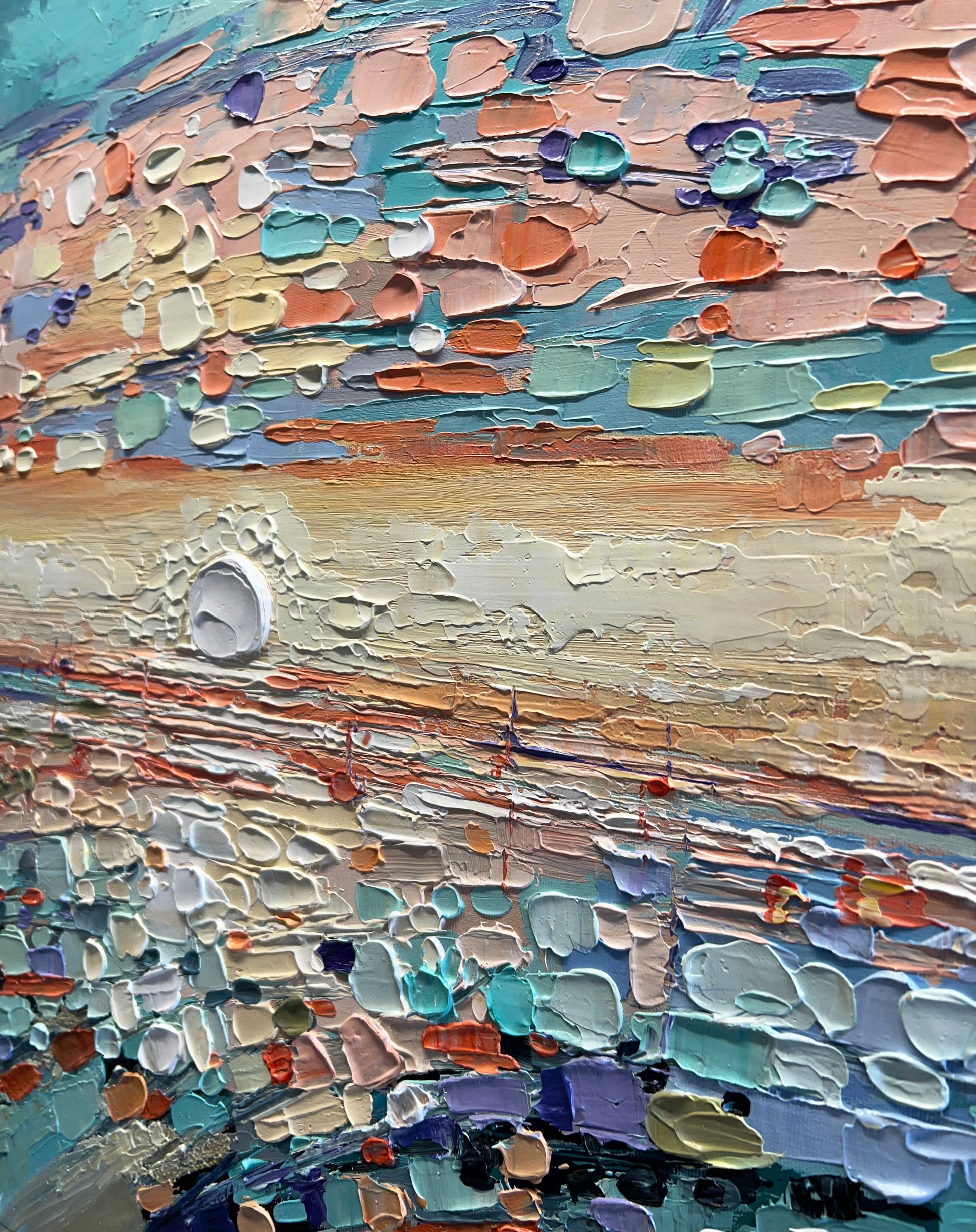 a painting of a beach with a sky in the background