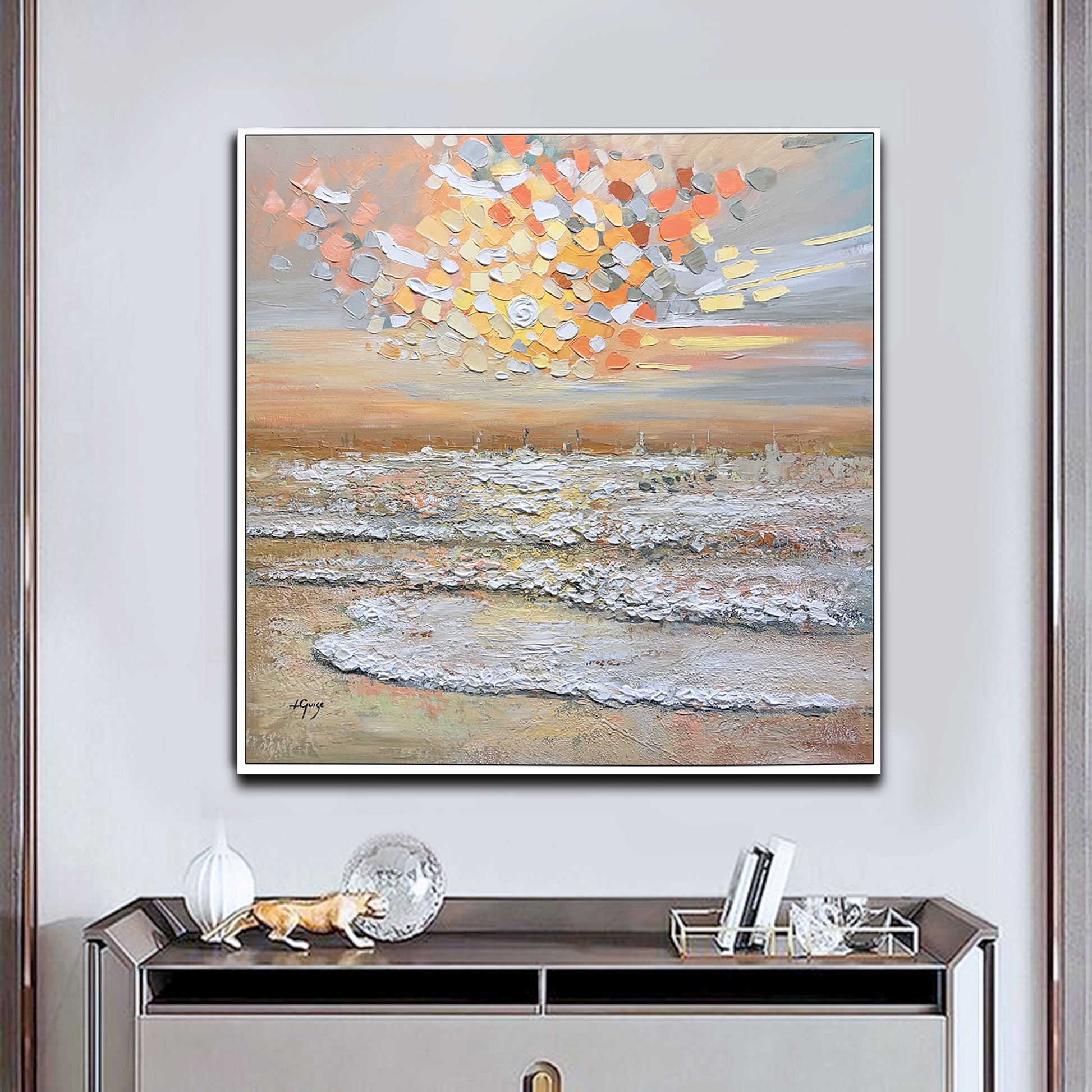 a painting hanging on a wall above a dresser