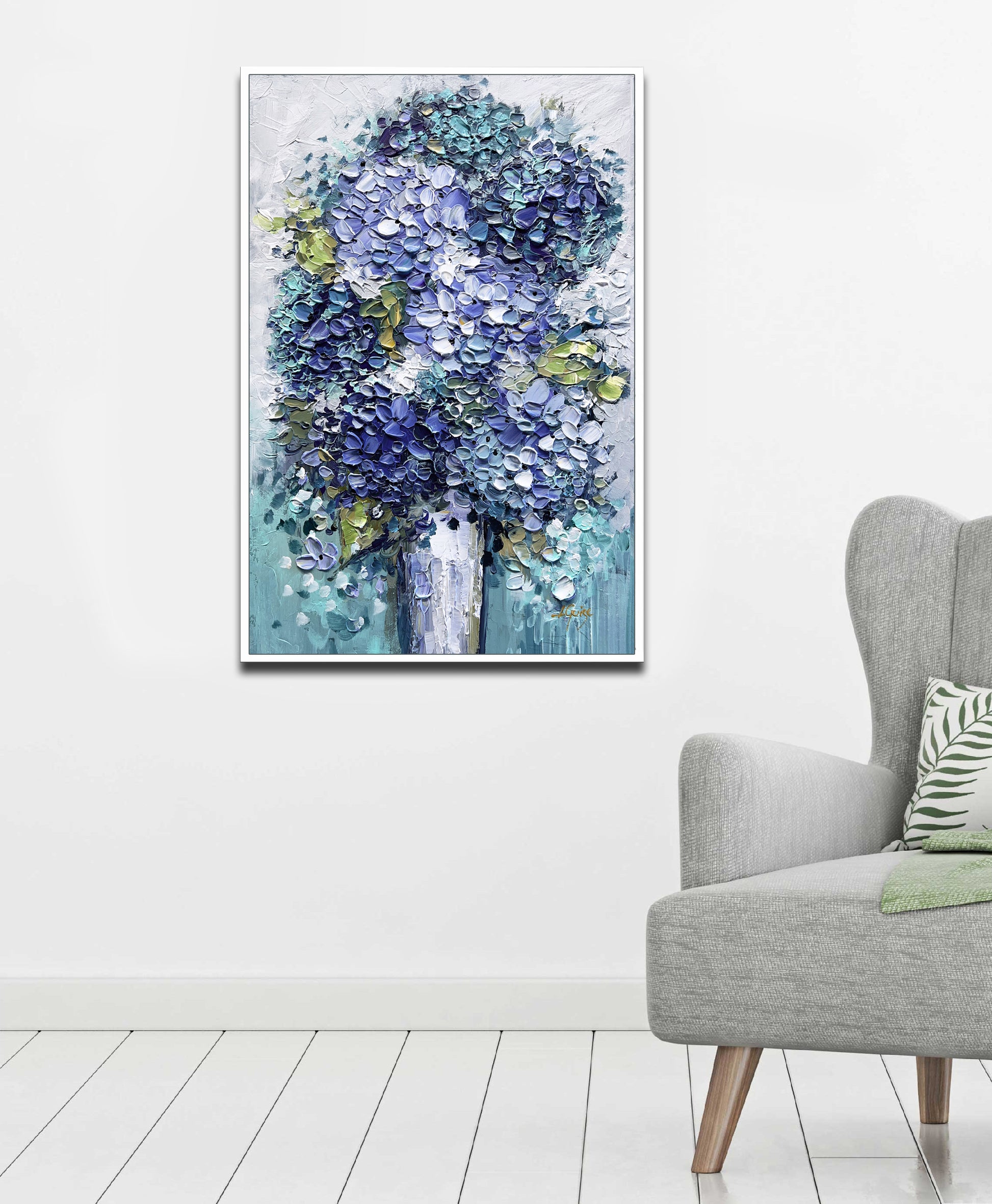 a painting of blue flowers in a white vase