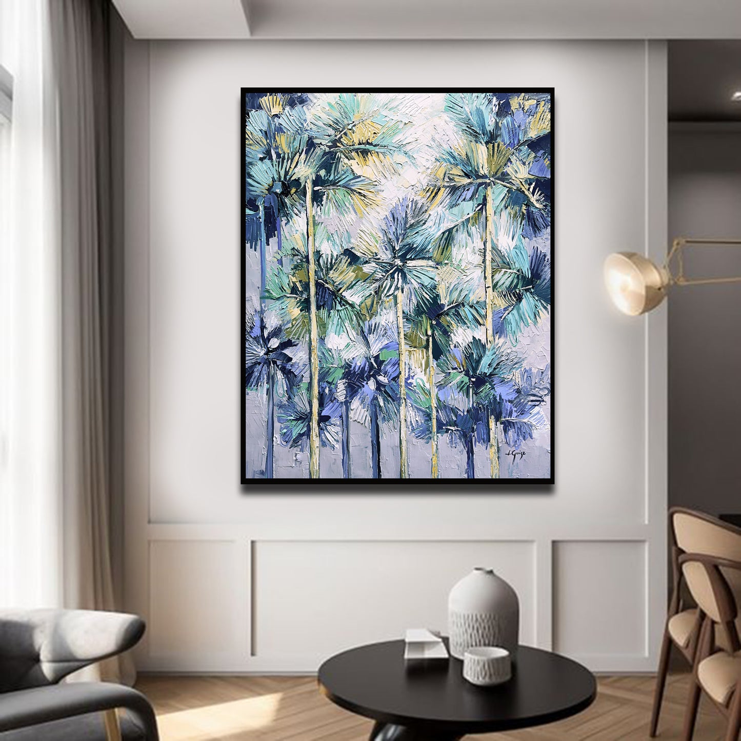 a living room with a painting on the wall