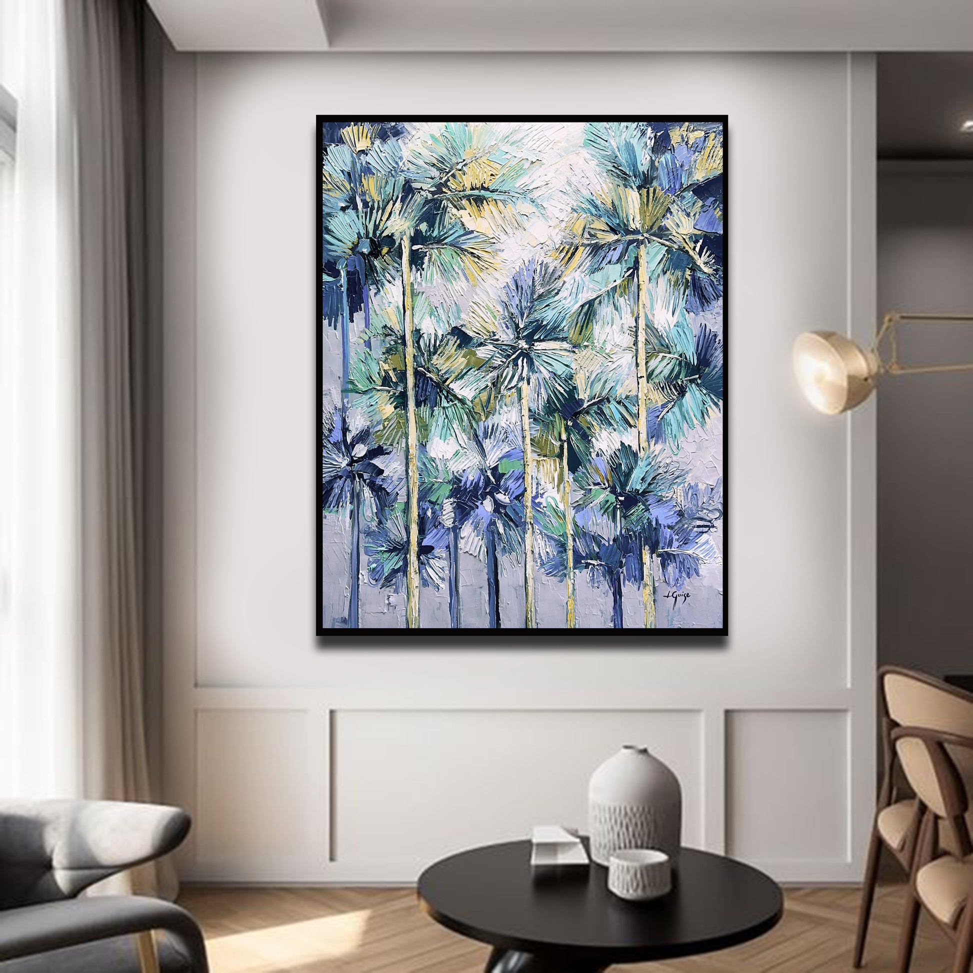 a living room with a painting on the wall