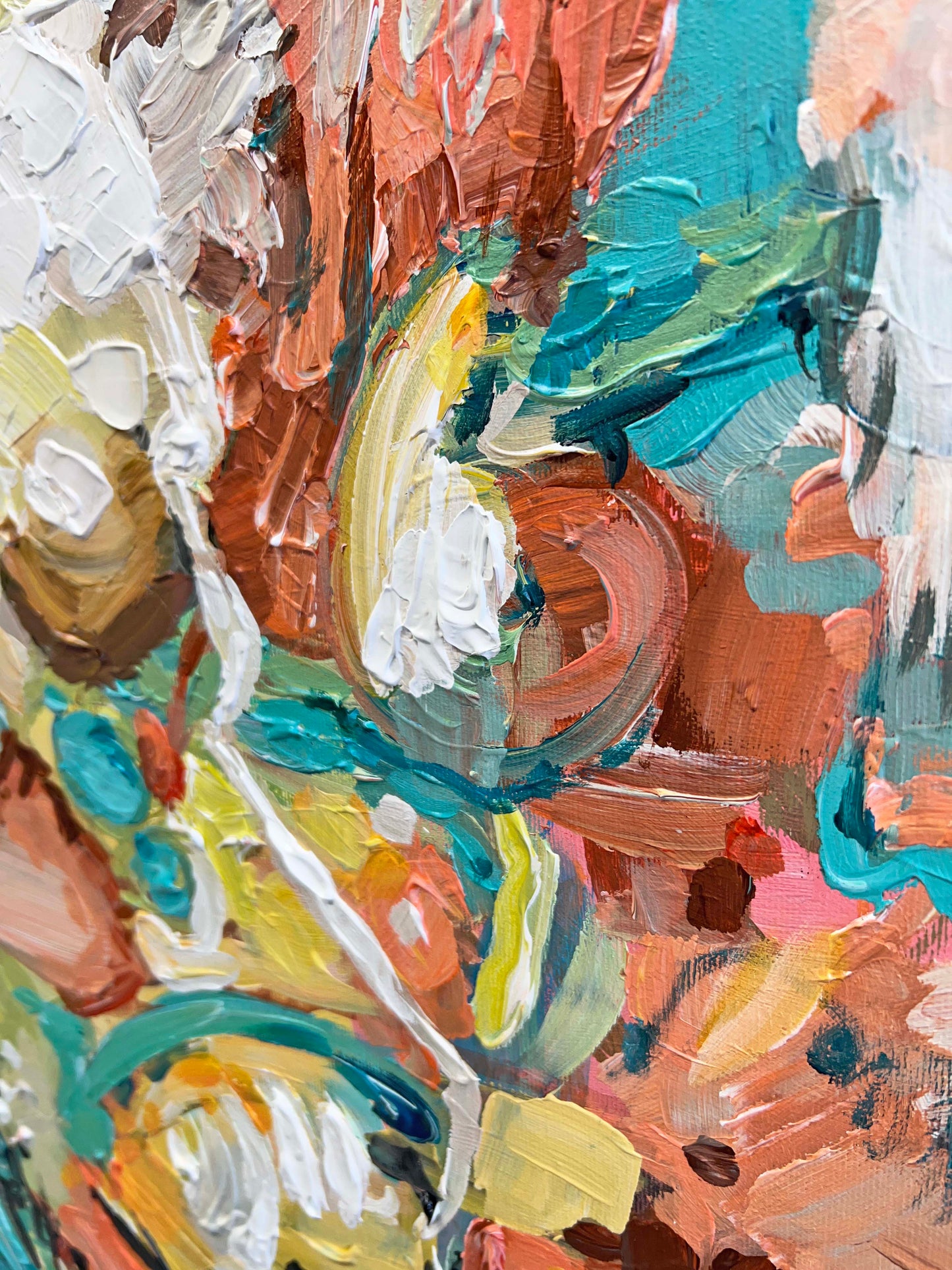 a close up of a painting of flowers