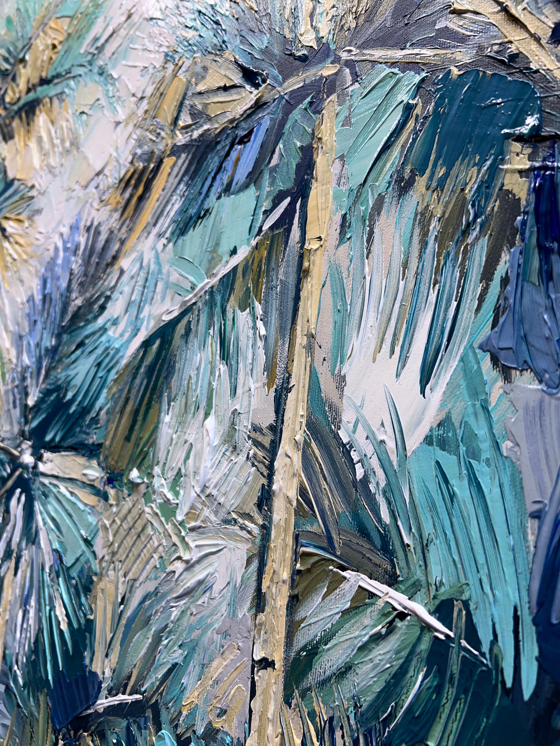a close up of a painting of a palm tree