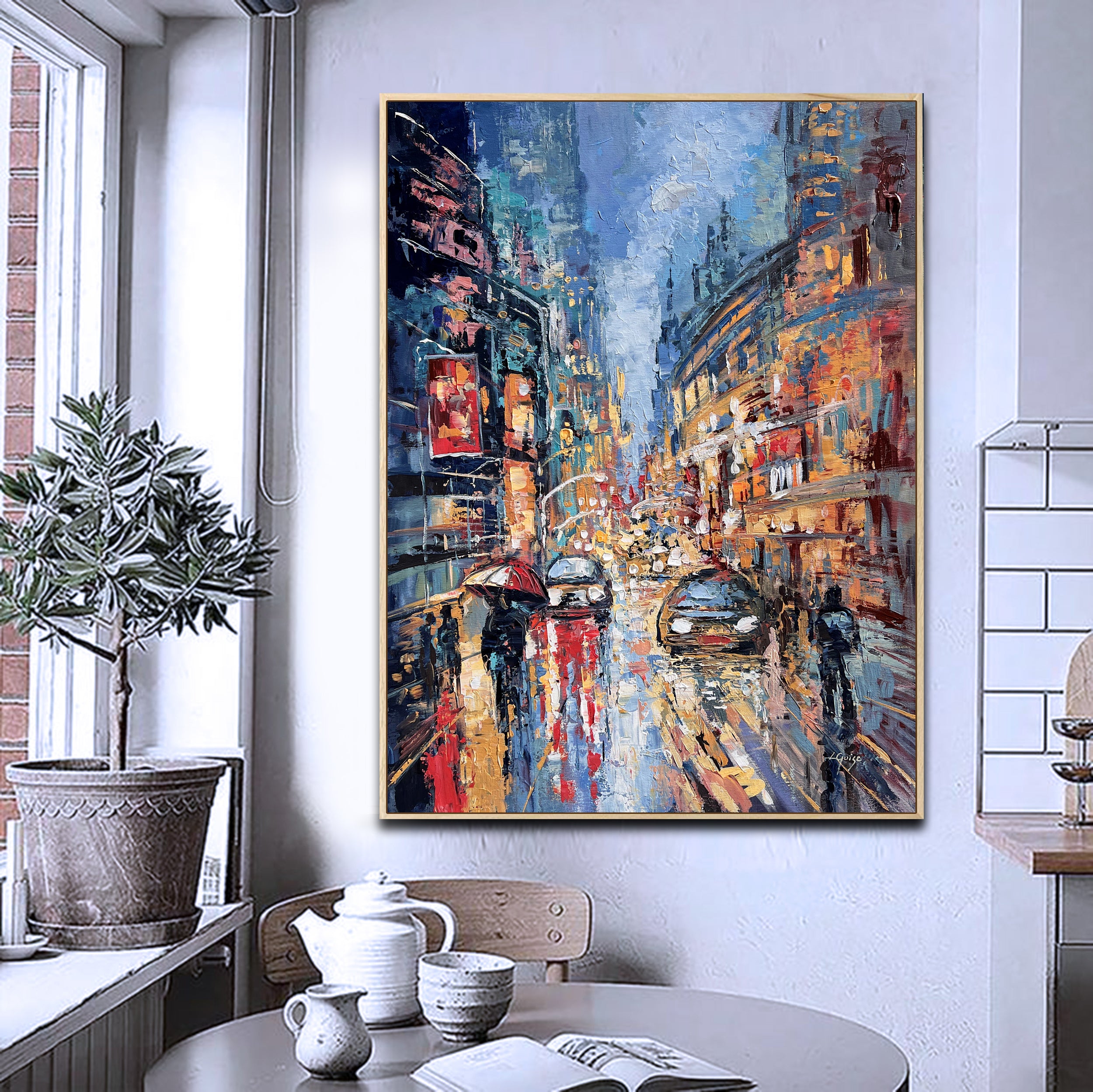 Rainy City Reflections - Textured Abstract Cityscape in Blue