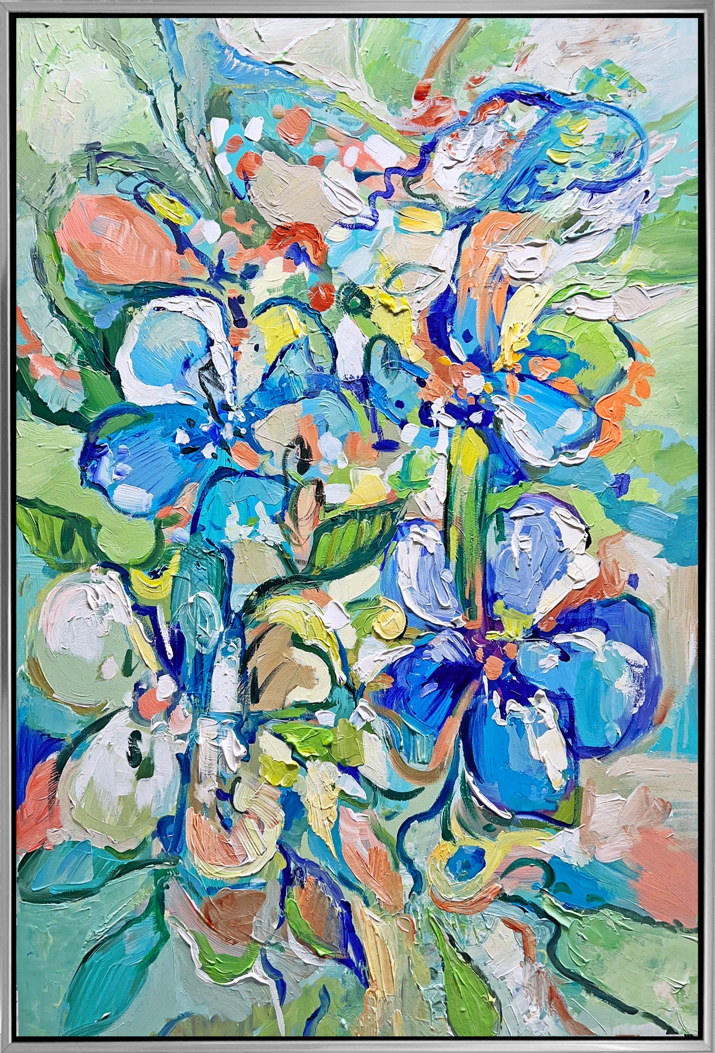 a painting of blue flowers in a vase