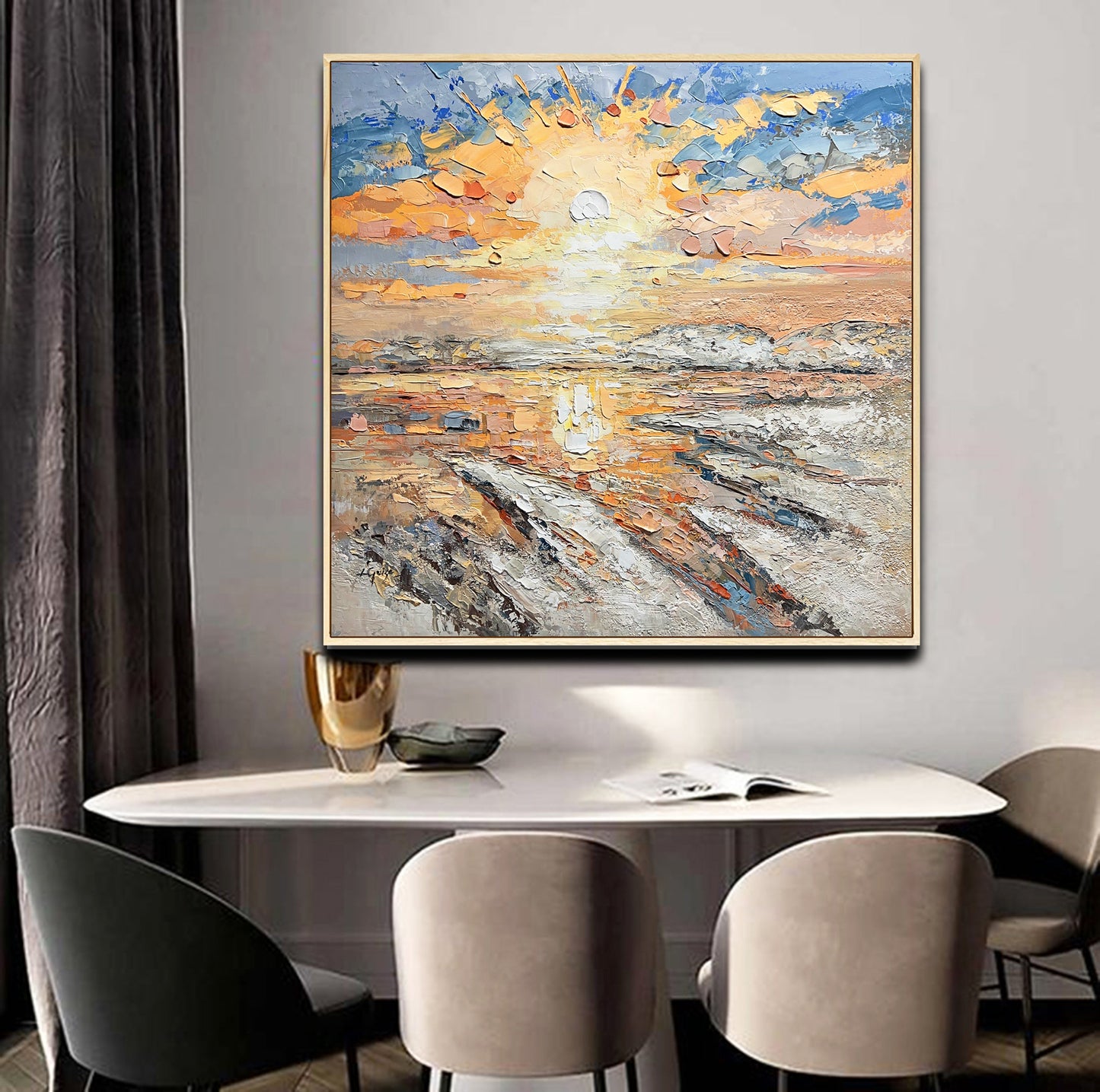 a painting hanging on a wall above a dining room table