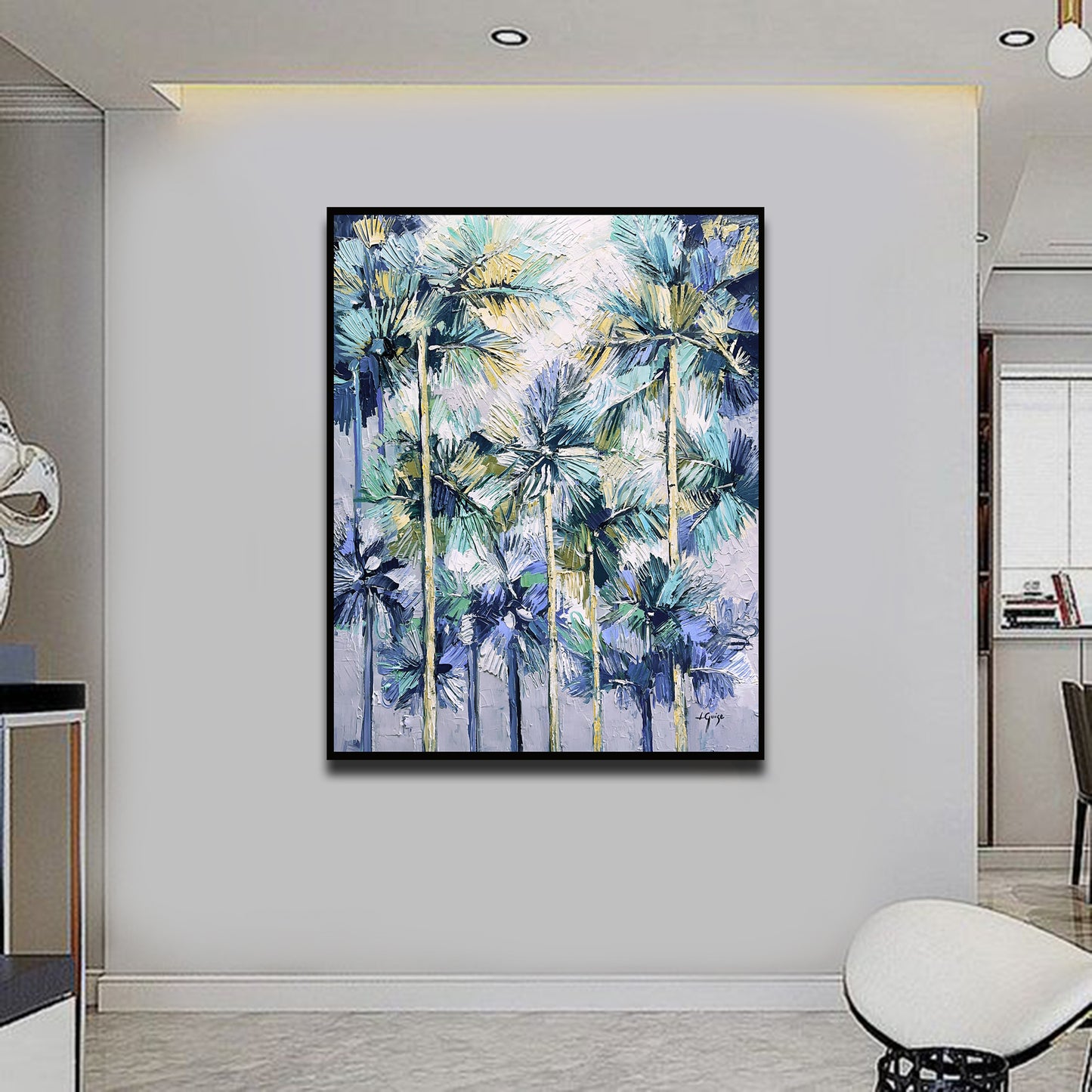 a painting of palm trees in a white room