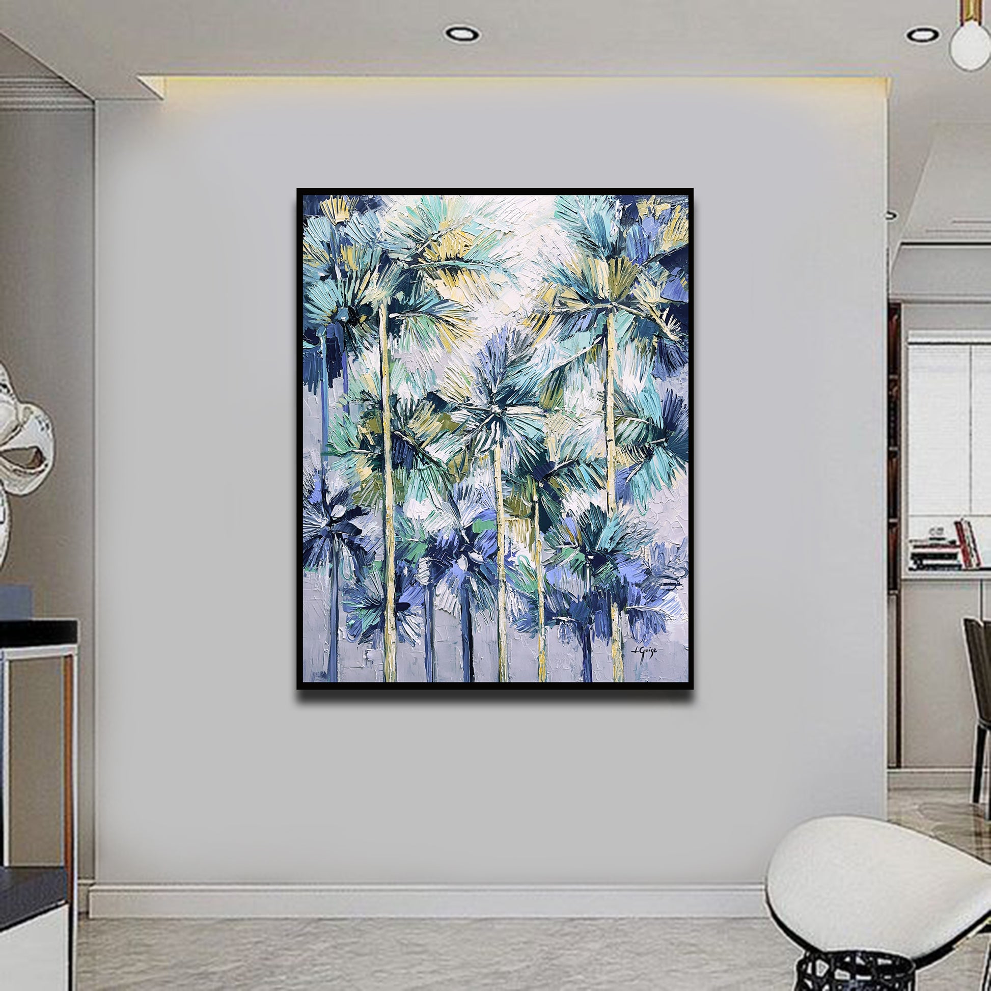 a painting of palm trees in a white room