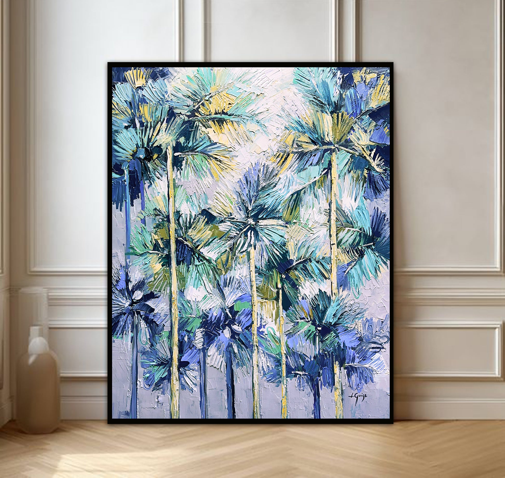 a painting of palm trees on a wall
