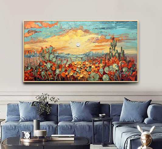 a living room with a couch and a painting on the wall