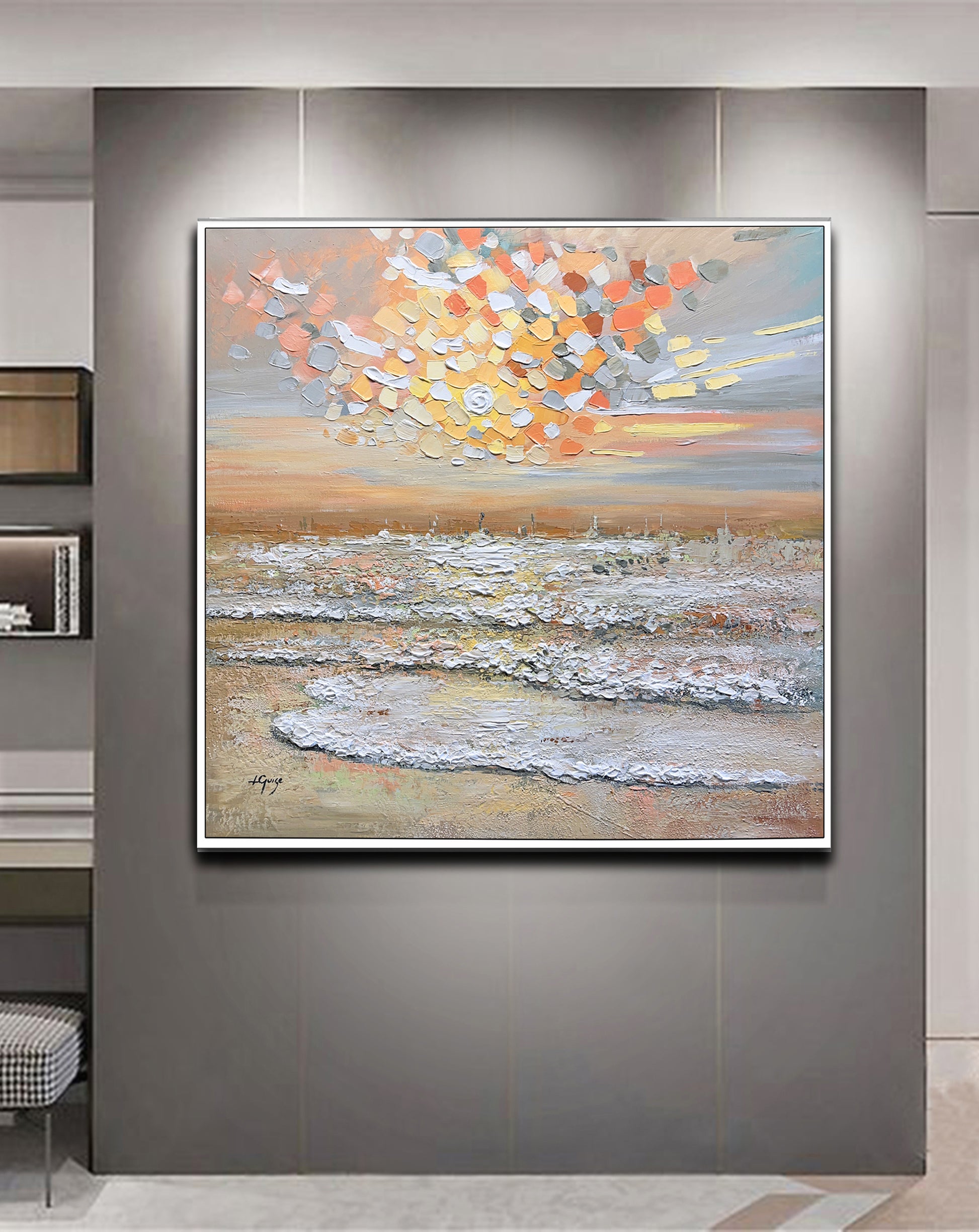 a painting hanging on a wall in a room