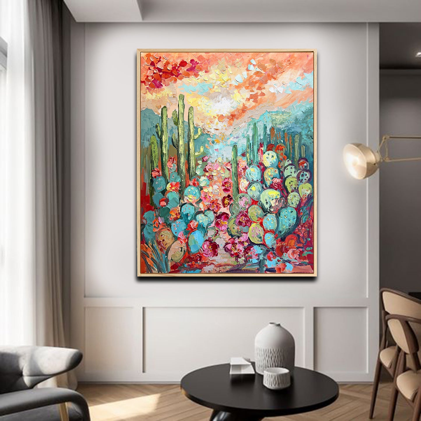 a living room with a painting on the wall