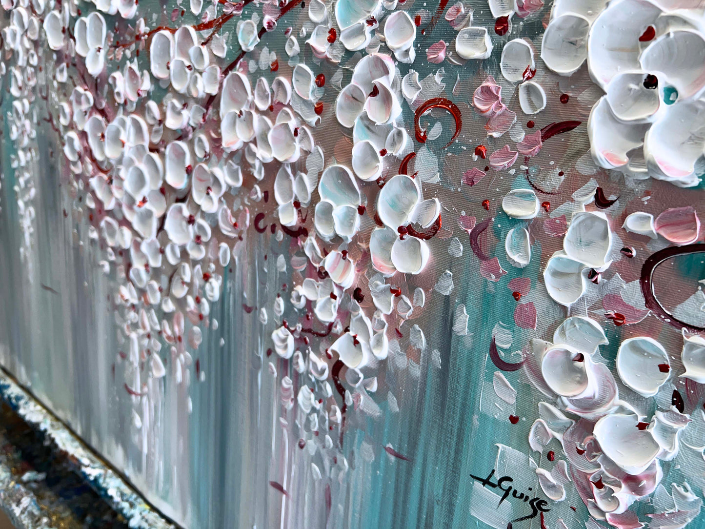 a painting of white flowers on a blue background