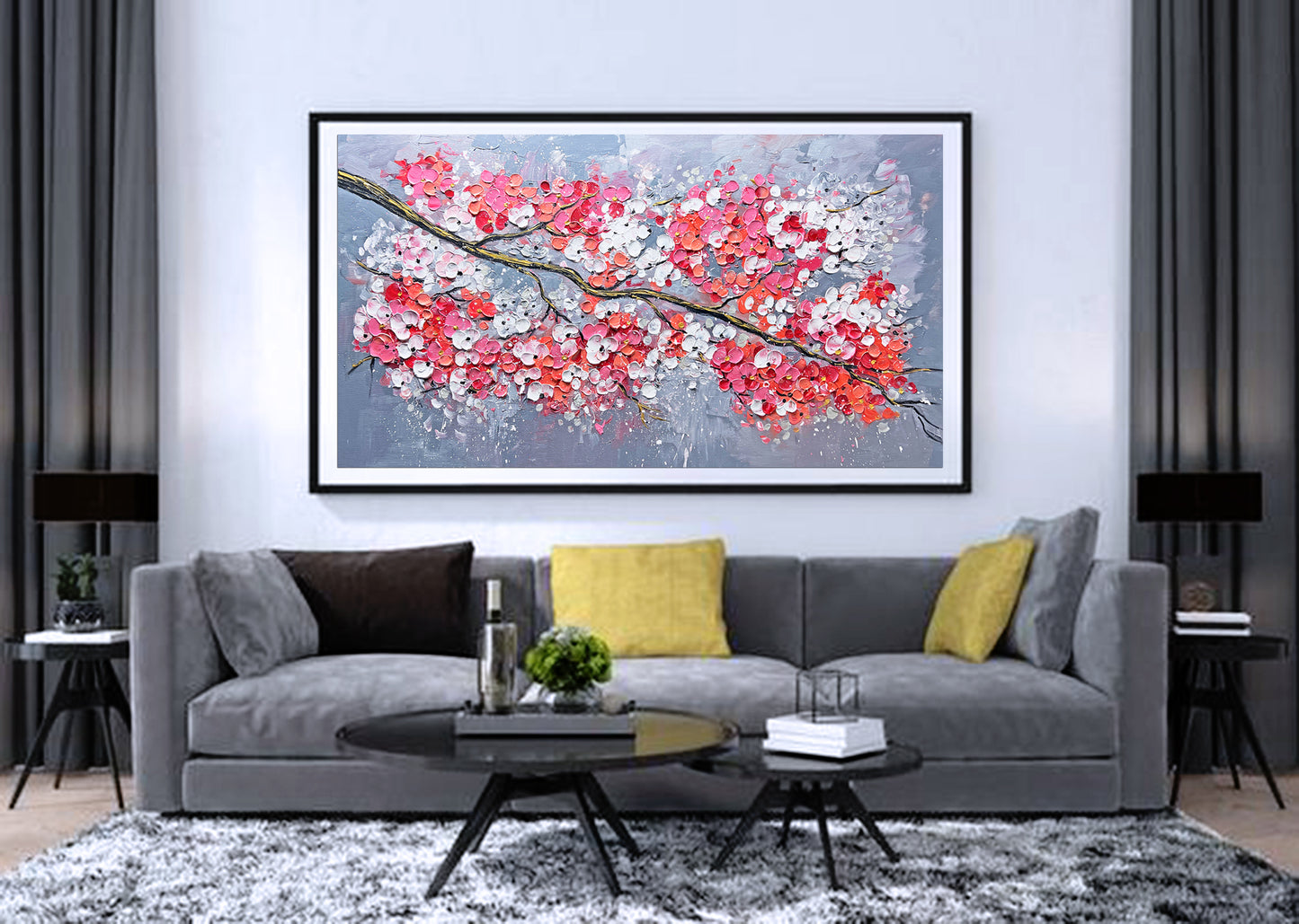 a living room with a couch and a painting on the wall