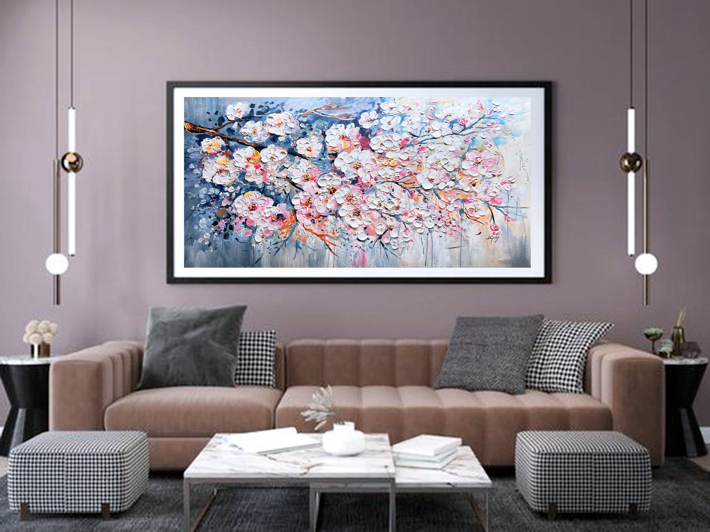 a living room filled with furniture and a painting on the wall