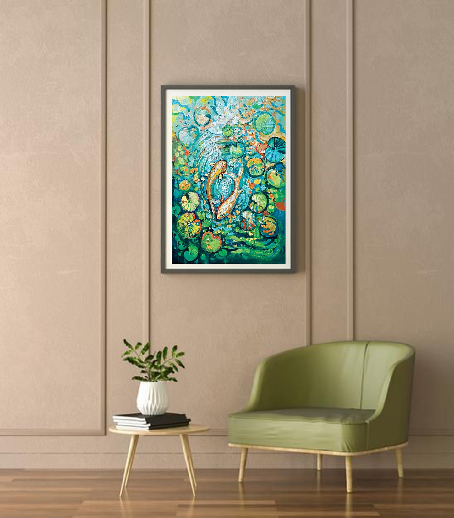 a green chair sitting in front of a painting on a wall