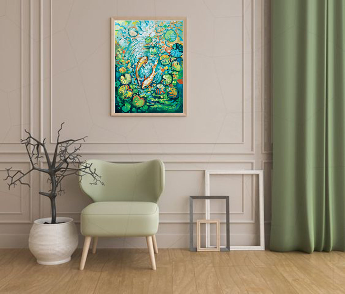 a room with a chair and a painting on the wall