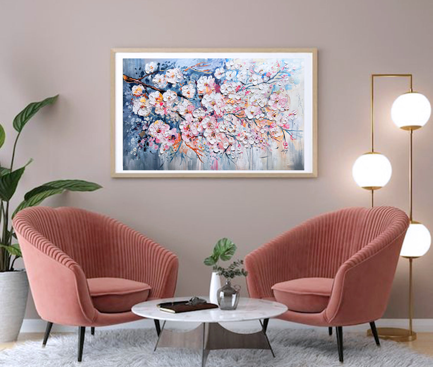 a living room with two chairs and a coffee table