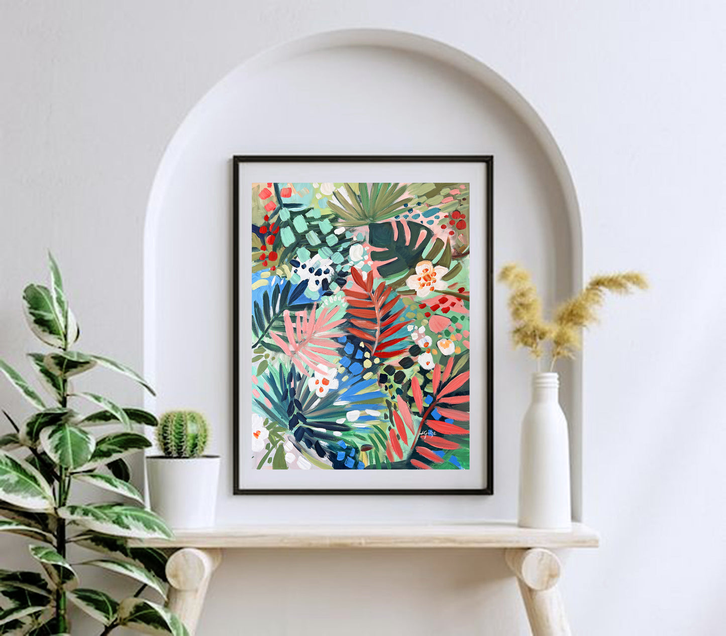 a white shelf with a painting and a potted plant